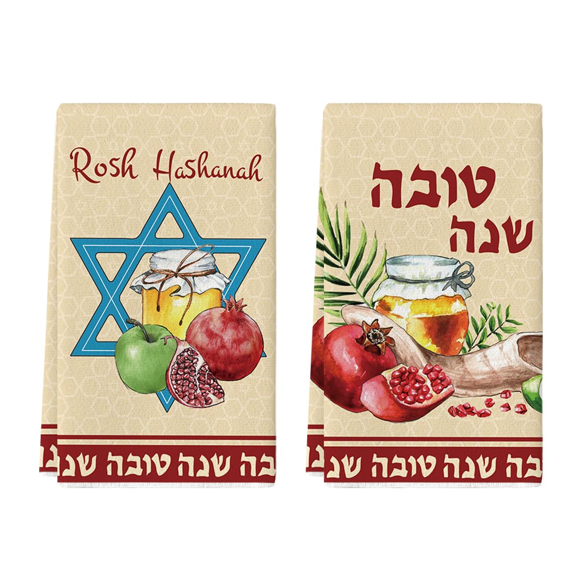 Artoid Mode Star Rosh Hashanah Kitchen Towels Dish Towels, 18x26 Inch Pomegranate Shana Tova Decor Hand Towels Set of 2