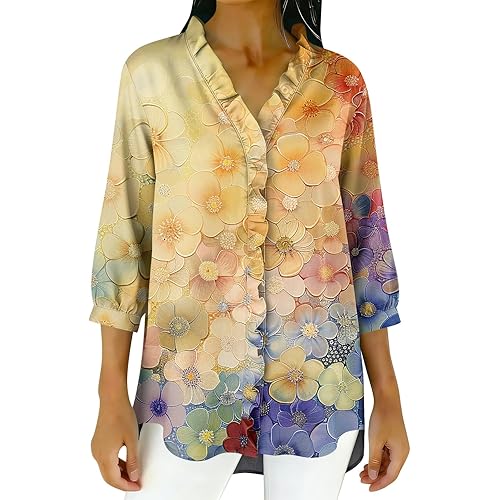 3/4 Sleeve Tops for Women Button Down Tunic Print Outfits Business Work Blouses Vacation Tops Classic Basic Tees
