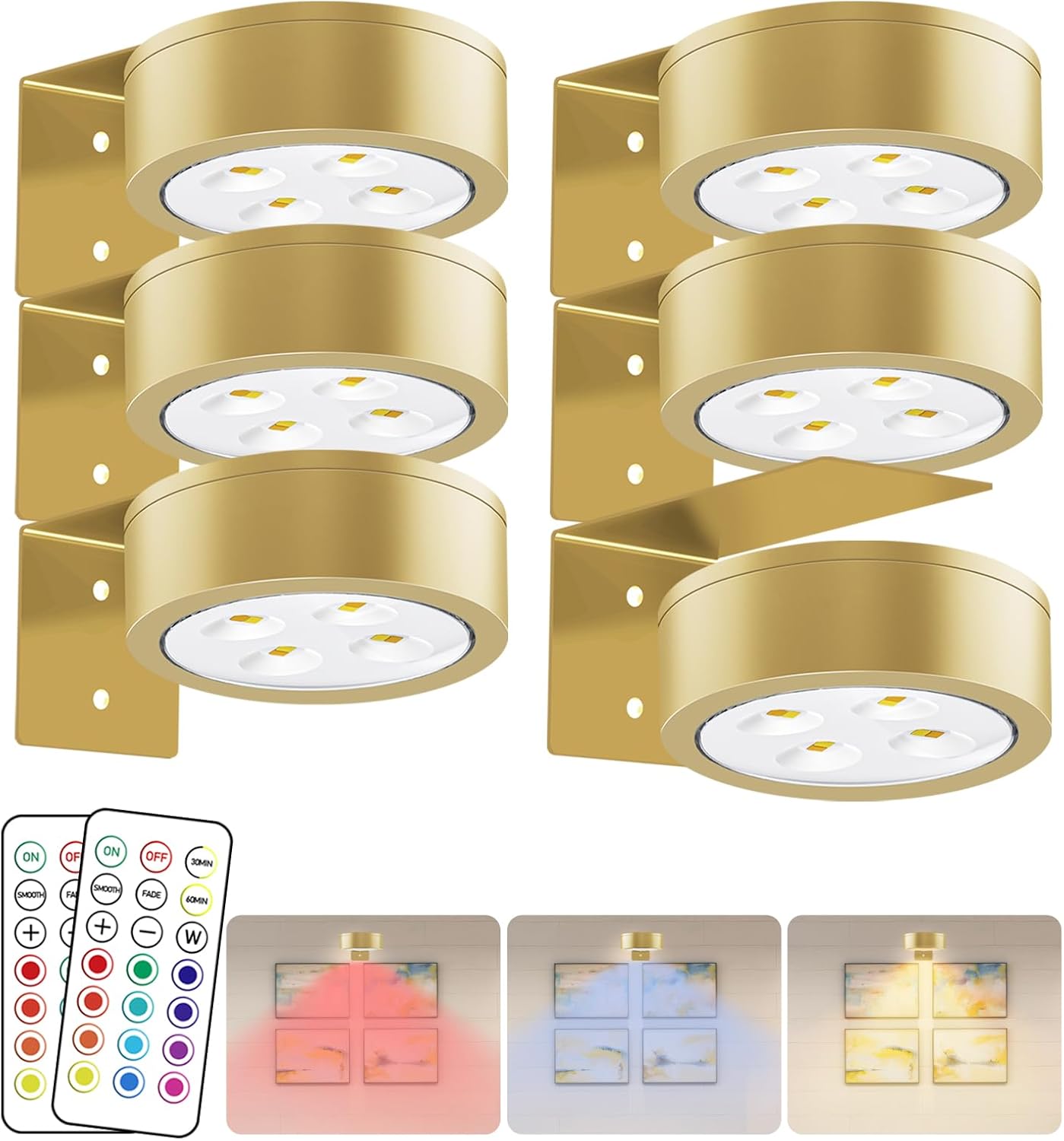 Wireless Battery Operated Painting with Remote Control,13 Color RGB Magnetic Led Art Display Light for Picture Frame, Dimmable and Timer, Wall Decor Display Light 6Pack Gold