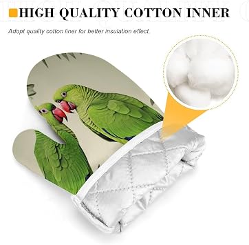 Couple Parrots Olive Oven Glove and Pot Holders for Kitchen, Personalized Oven Mitts with Hanging Loop, Non-Slip Hot Pads for Restaurant, Baking, Cooking, Grilling