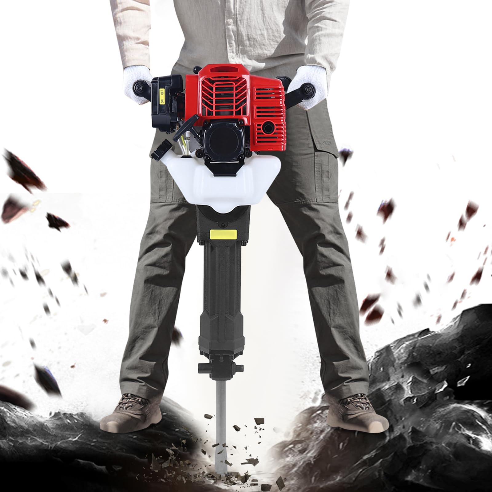 Petrol Demolition Hammer, 2 Stroke Gas Powered Demolition Jack, 52CC 6500rpm Rotary Breaker Chiselling Jackhammer, 70dB Concrete Breaker Jack Drill Tool with Point Chisel + Flat Chisel
