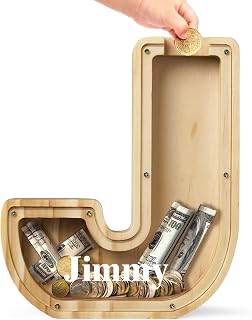 Bemaystar Personalized Piggy Bank for Kids: Customized Name Letter, Wooden Money Bank for Boys & Girls, Birthday Gift