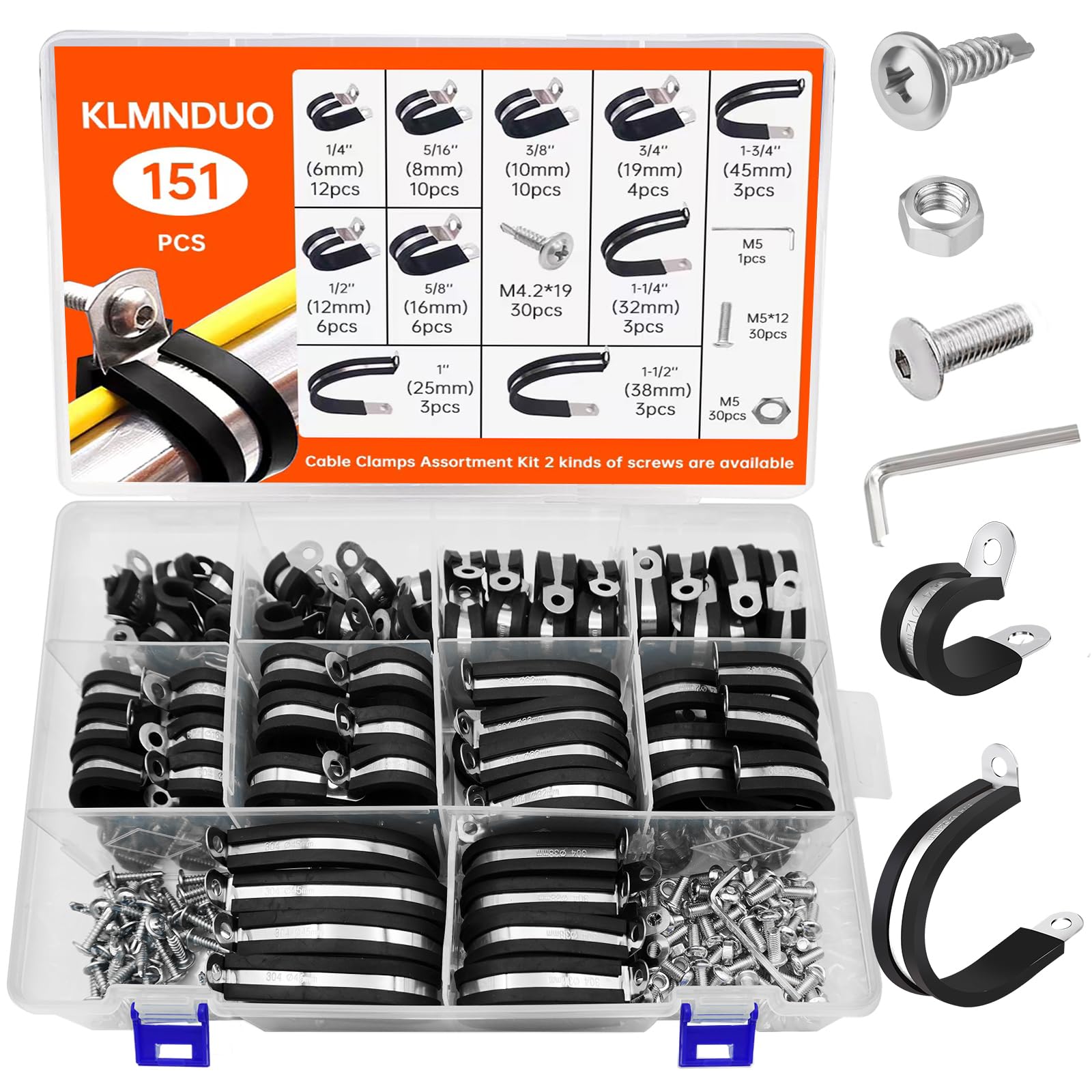 151PCS Cable Clamps Assortment Kit, 10 Sizes-1/4 5/16" 3/8" 1/2" 5/8" 3/4" 1" 1-1/4" 1-1/2" 1-3/4" 304 Stainless Steel Pipe Clamp with 2 Kinds of