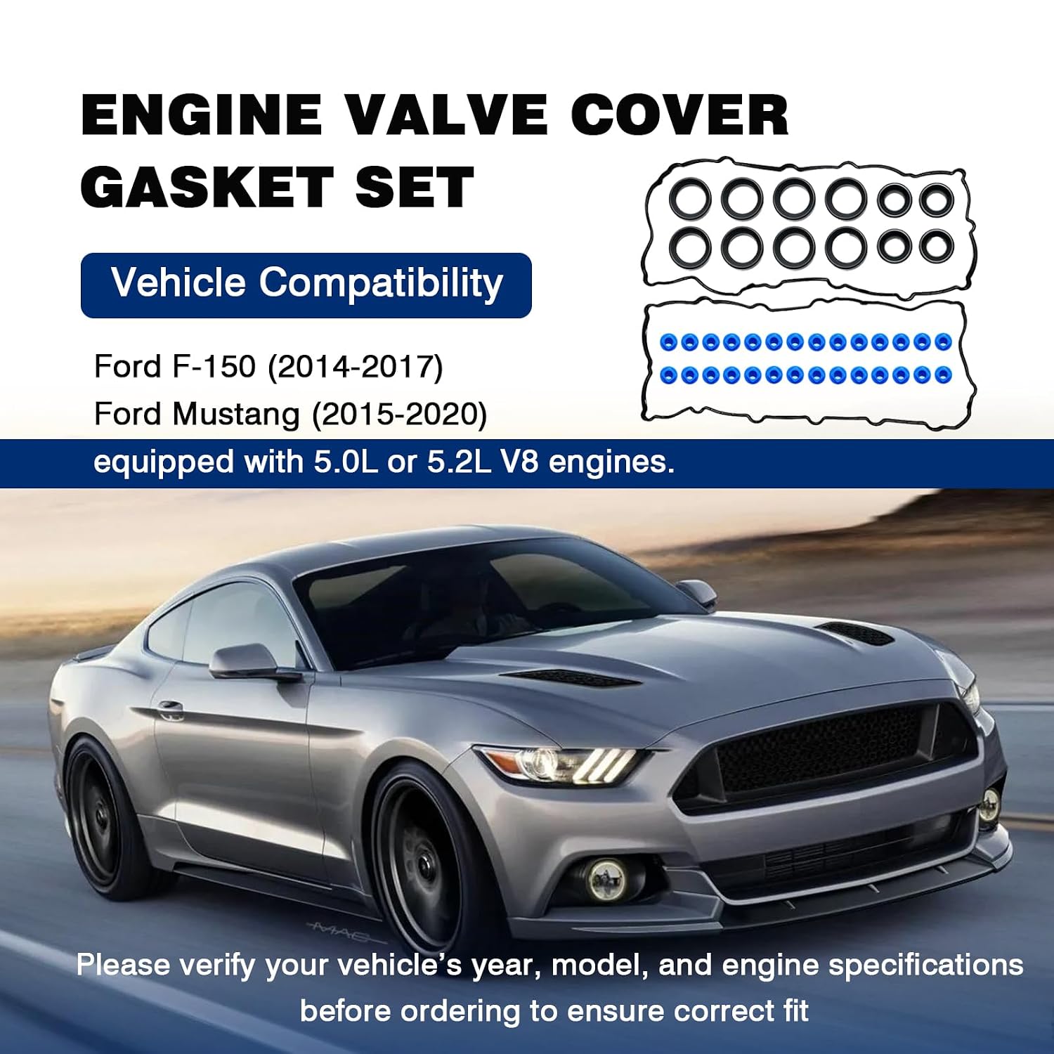 Valve Cover Gasket Set for Ford F150 Mustang 2015 2016 2017 2018 2019 2020 5.0L 5.2L V8 Engine, Replacement for VS50902R