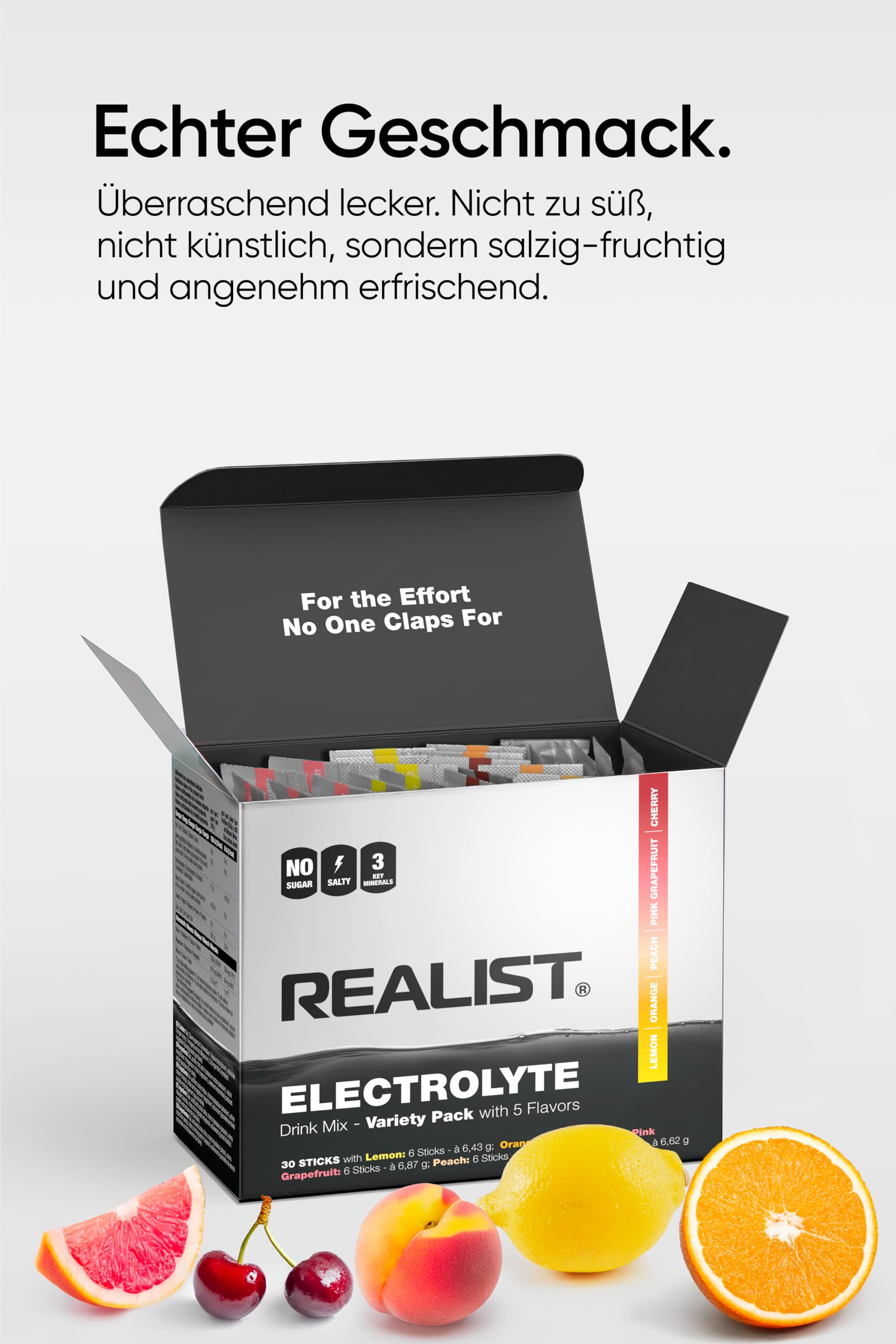 REALIST® Electrolitos sin azúcar – Polvo electrolito con 1000 mg de sodio, 330 mg de potasio y 60 mg de magnesio – Hidratación Rápida – Deportes, KETO, ayuno (30 sobres, paquete de muestra (5
