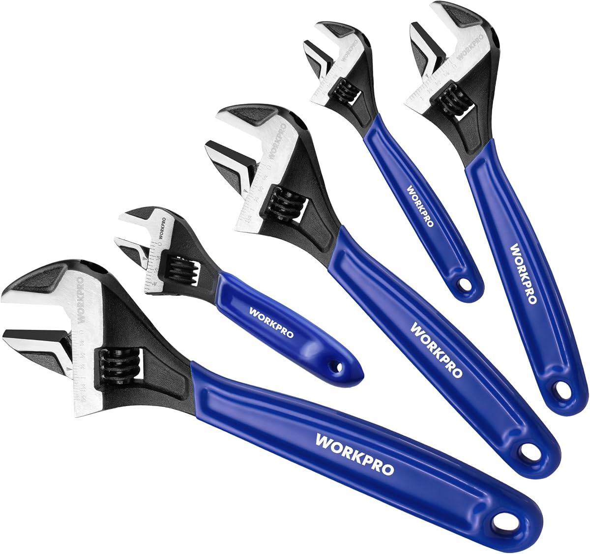 Juego de llaves ajustables de 5 piezas, llaves de mandíbula de 4", 6", 8", 10" y 12" de ancho | Llaves de acero Cr-V con acabado de óxido negro, escalas métricas y SAE para uso en el hogar, el garaje y el taller