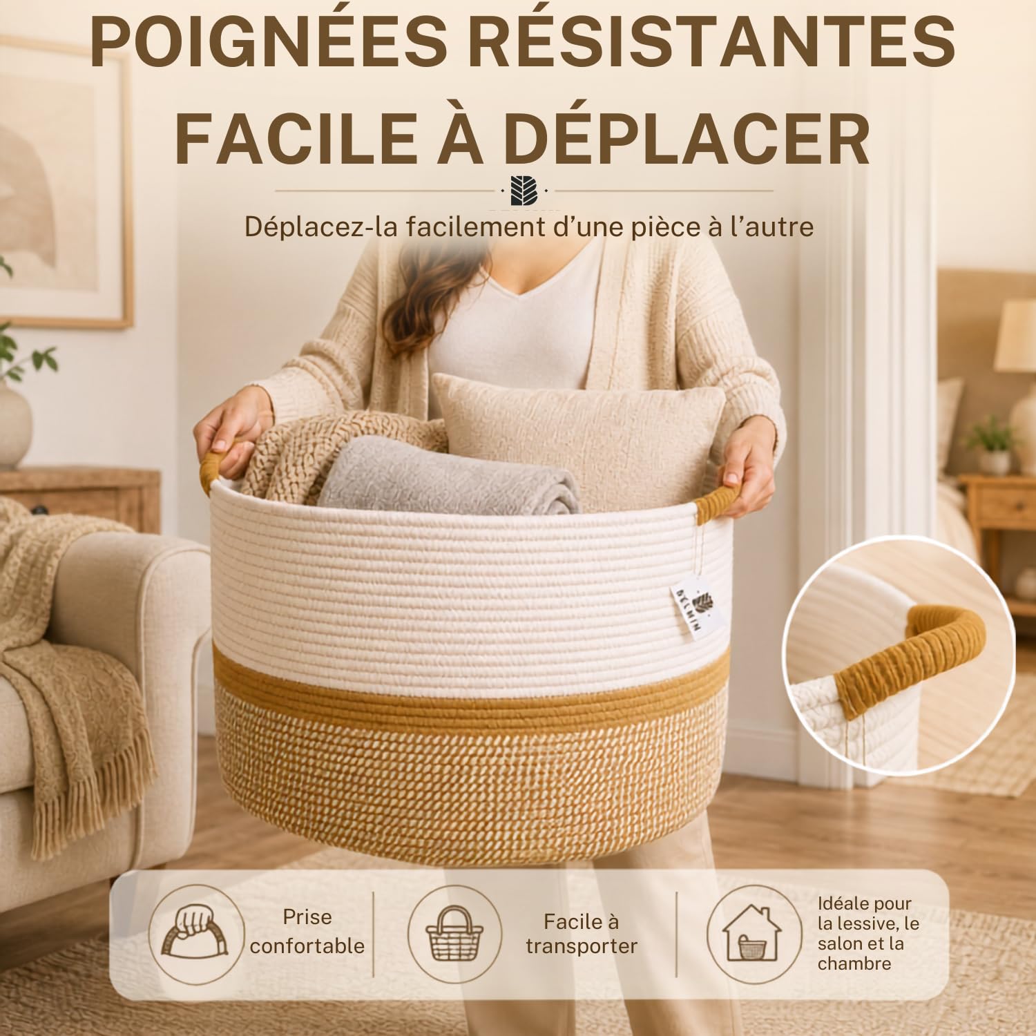 BELMIN Panier a Linge XL 65L – Grand Panier Rangement avec Poignées, Ø50cm, Coffre a Jouet, Panier de Rangement pour Chambre, Salle de Bain et Laundry Basket Design