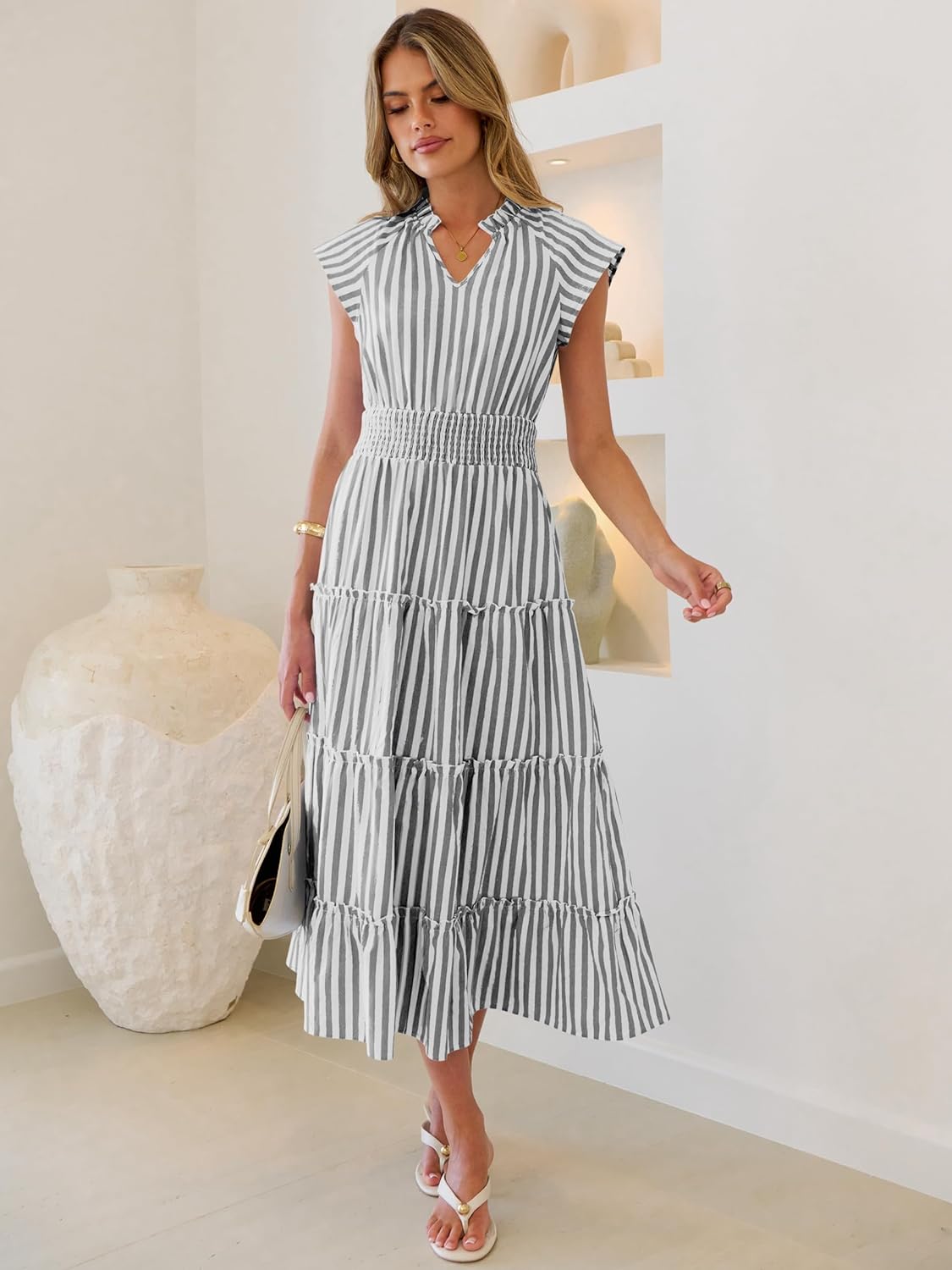 Caracilia Womens Summer Maxi Dresses Casual V Neck Cap Sleeve Gingham Striped Dress Flowy Tiered Beach Vacation Midi Sundress - Image 4