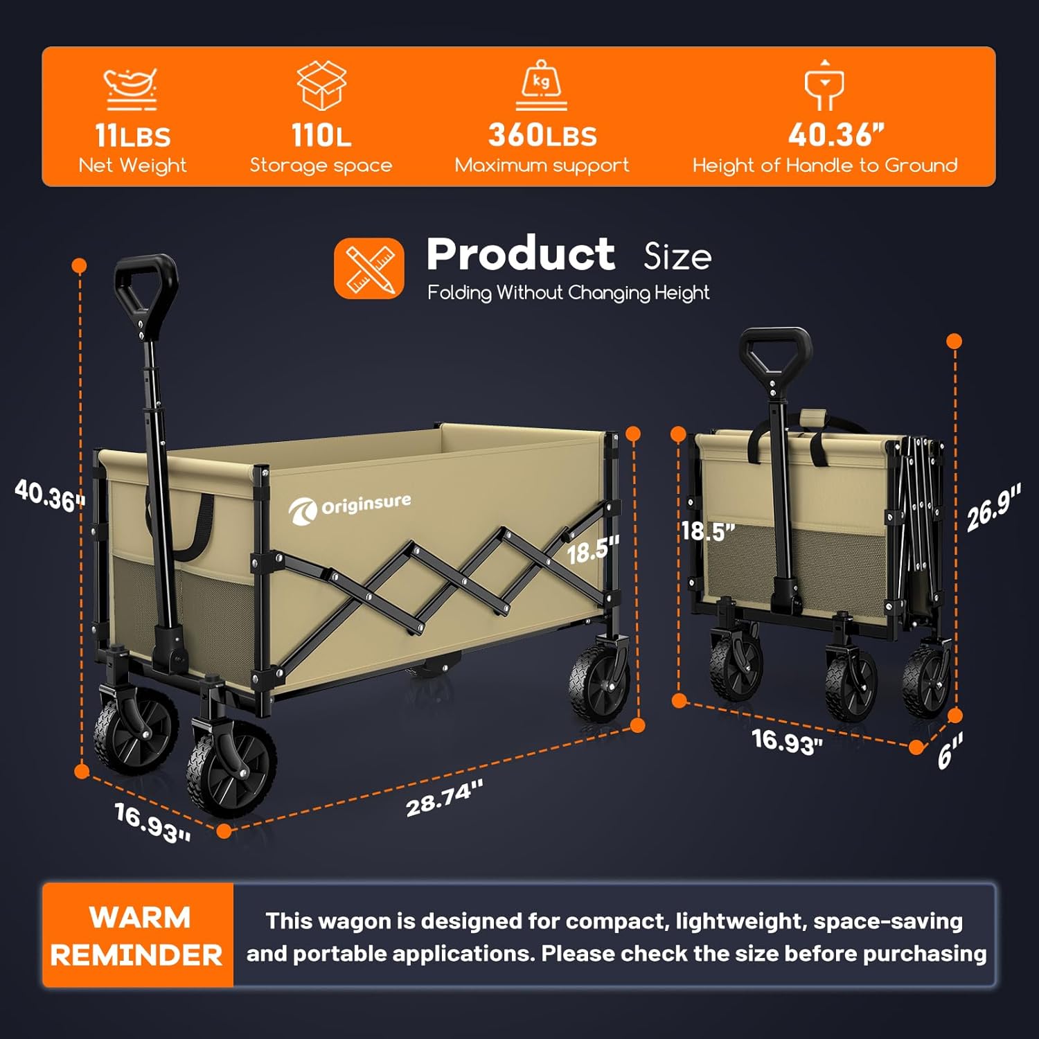 Collapsible Wagon Cart Foldable - Lightweight Portable Heavy Duty Folding Beach Wagons with Wheels - Outdoor Utility Carts for Grocery, Camping, Shopping, Sports with Large Capacity - Khaki