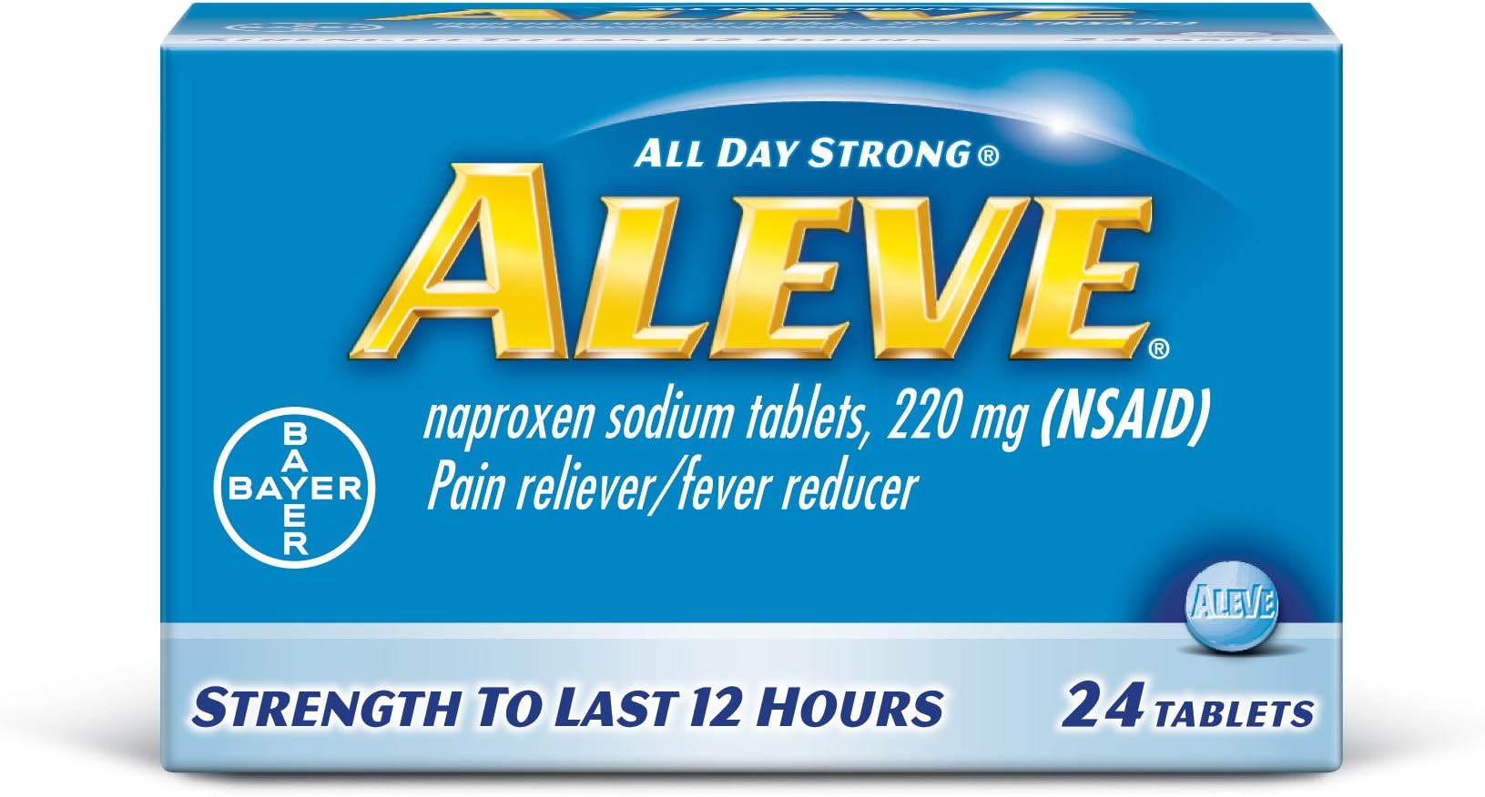 Aleve Tablets with Naproxen Sodium, 220mg (NSAID) Pain Reliever/Fever Reducer, 24 Count, Blue