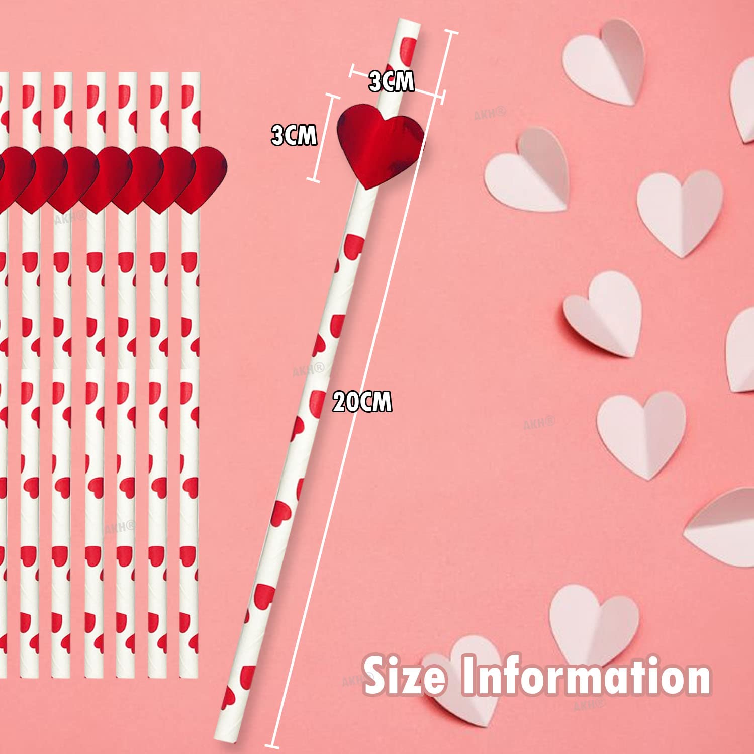 AKH® Heart Print Paper Straws, Red and White, 20cm - Image 2