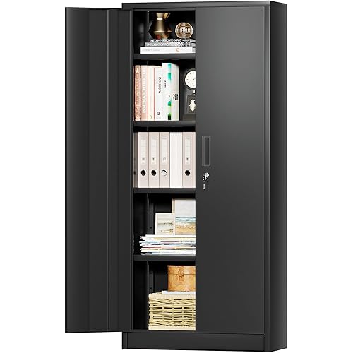 JUMMICO Metal Garage Storage Cabinets with 2 Doors and 4 Adjustable Shelves Garage Cabinet 71” Tall Freestanding Utility Steel Lockable File Cabinet for Office, Home,Pantry, Garage (16 x 32, Black)