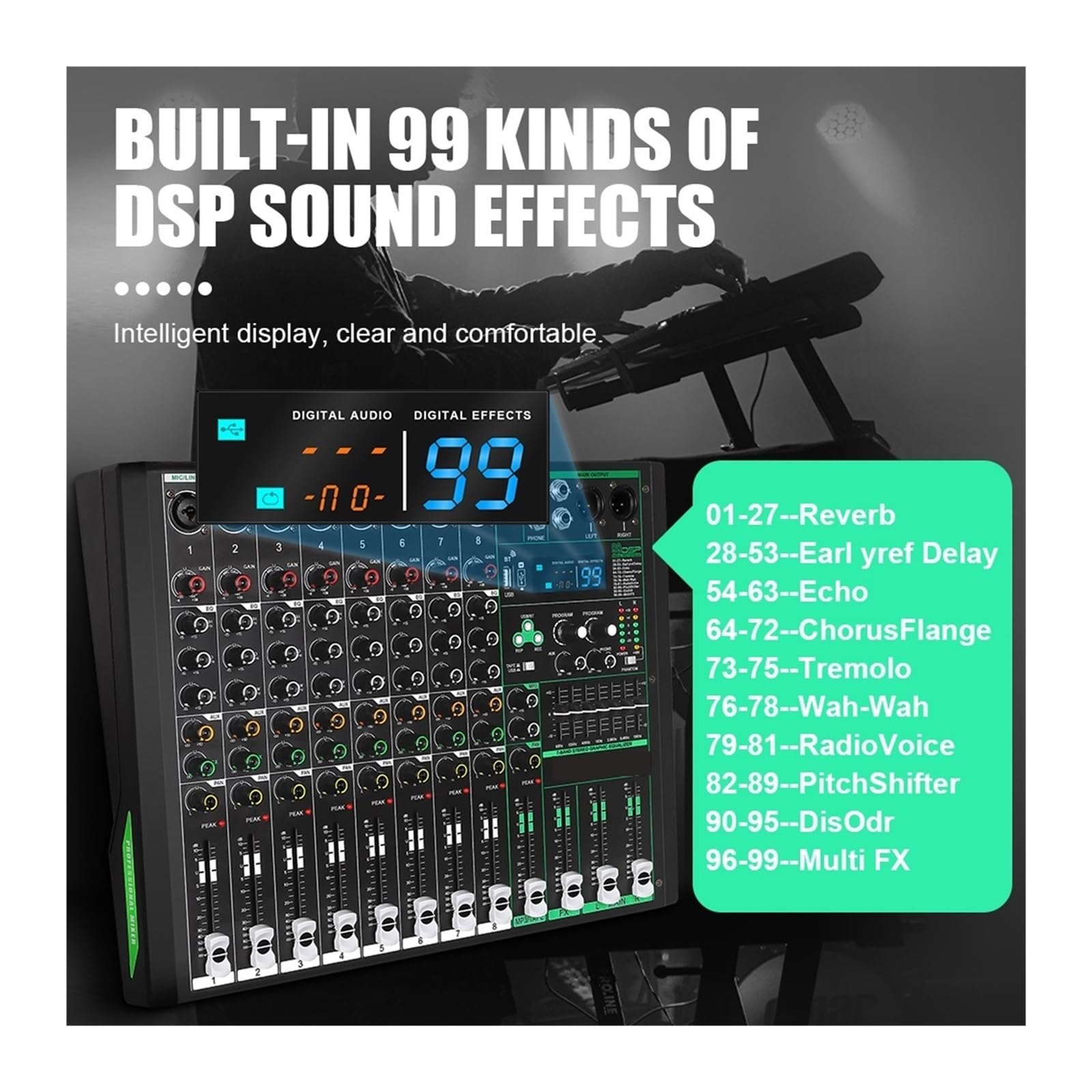 Audiomixer, 8 kanäle Audio Mixer Sound Tisch Professionelle DJ Mischpult 99 DSP Effekte 48V Phantom Power for Sta Studio für Studio-Karaoke