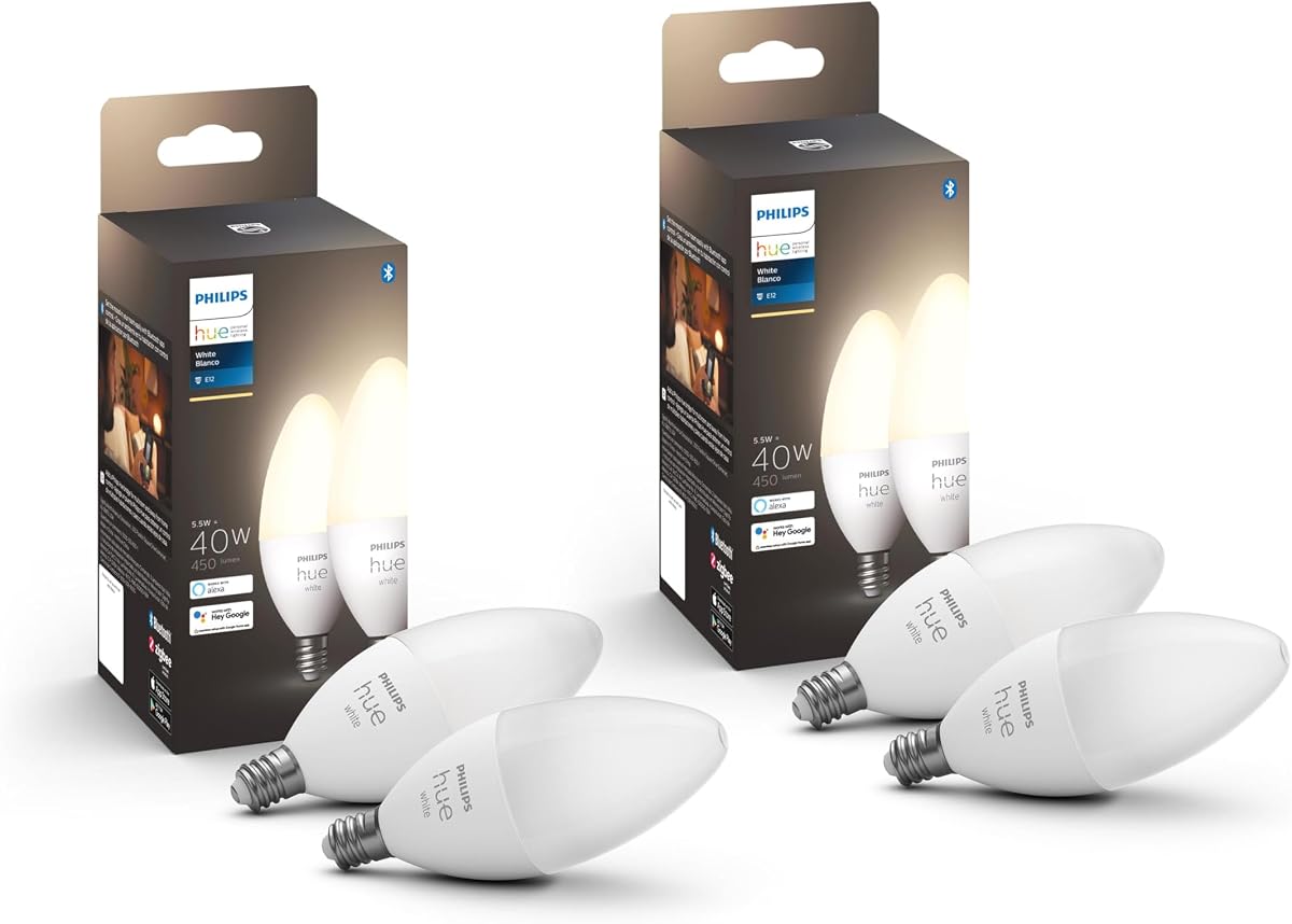 Philips Hue Smart Bombilla LED B39 de 40 W con forma de vela - Luz blanca cálida suave - Pack de 4 - 450 lm - E12 - Interior - Control con aplicación Hue - Compatible con Alexa, Google Assistant y Apple Homekit