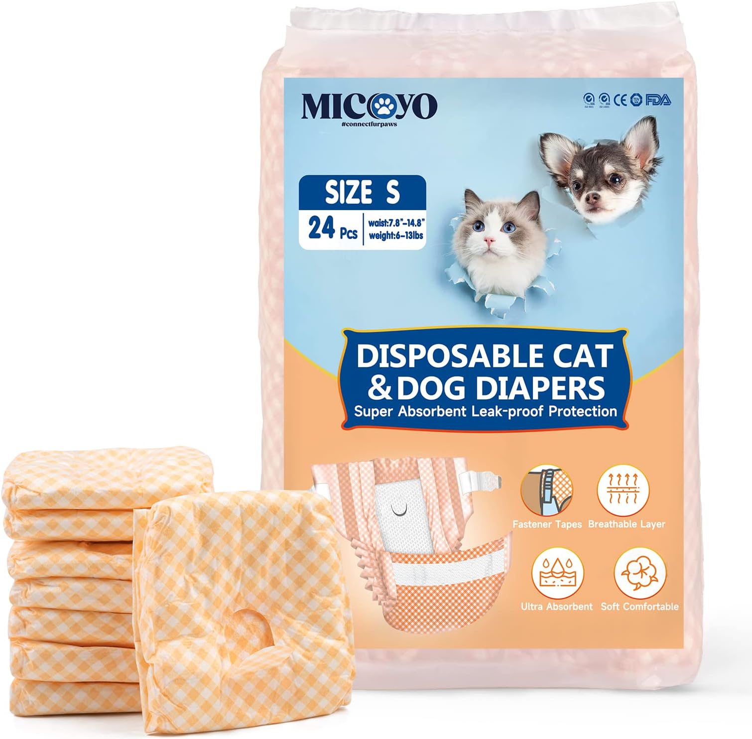 Puppy Cat Nappies Disposable, Super Absorbent Cat Diapers, Small Dog Nappies Female, Adjustable Waist, Leak-Proof Diapers for Cats in Heat, Incontinence,24 Pcs (Orange, S)