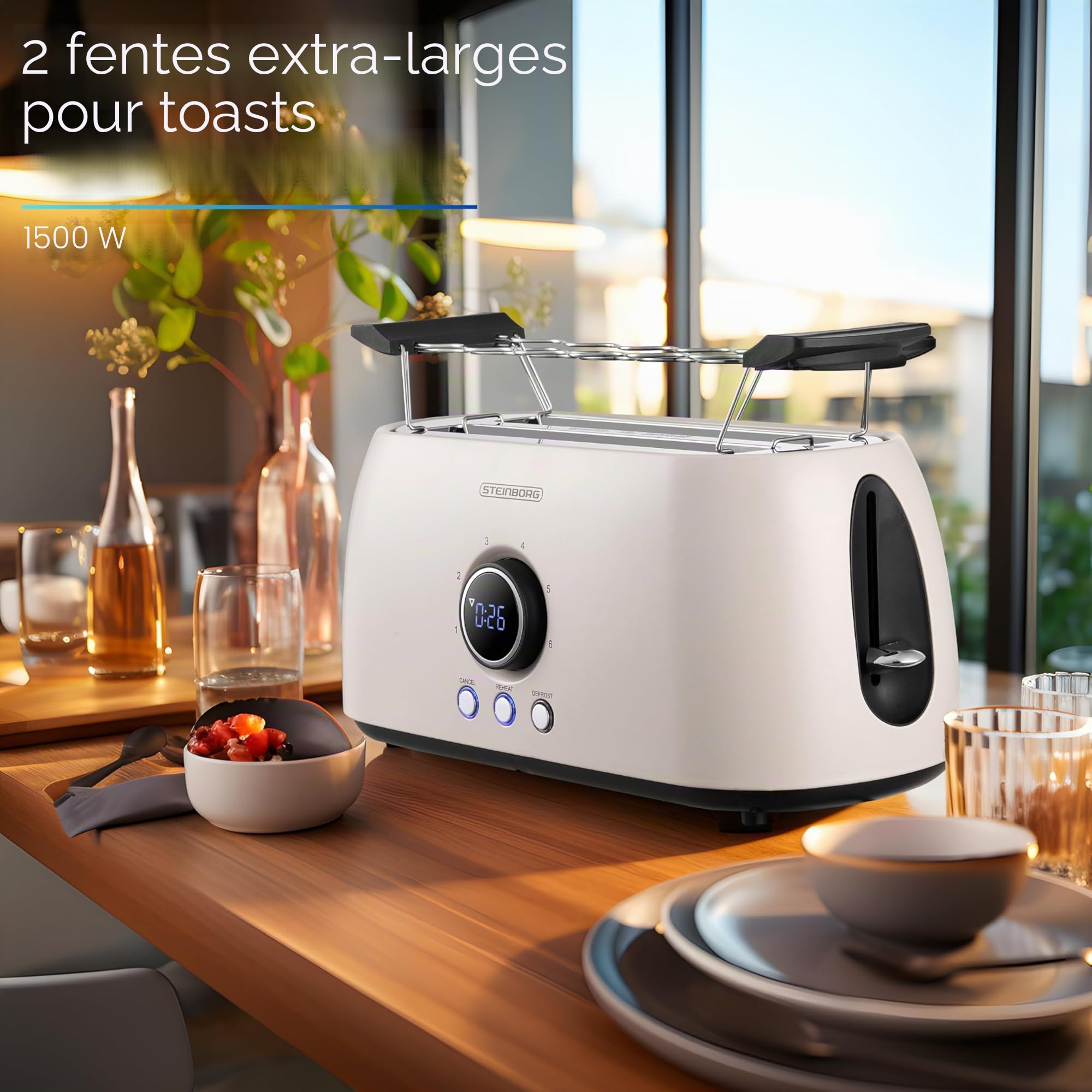 Steinborg Grille-pain pour 4 tranches avec grille à viennoiseries - Arrêt automatique - Double fente - Écran LED avec affichage du temps restant - Beige