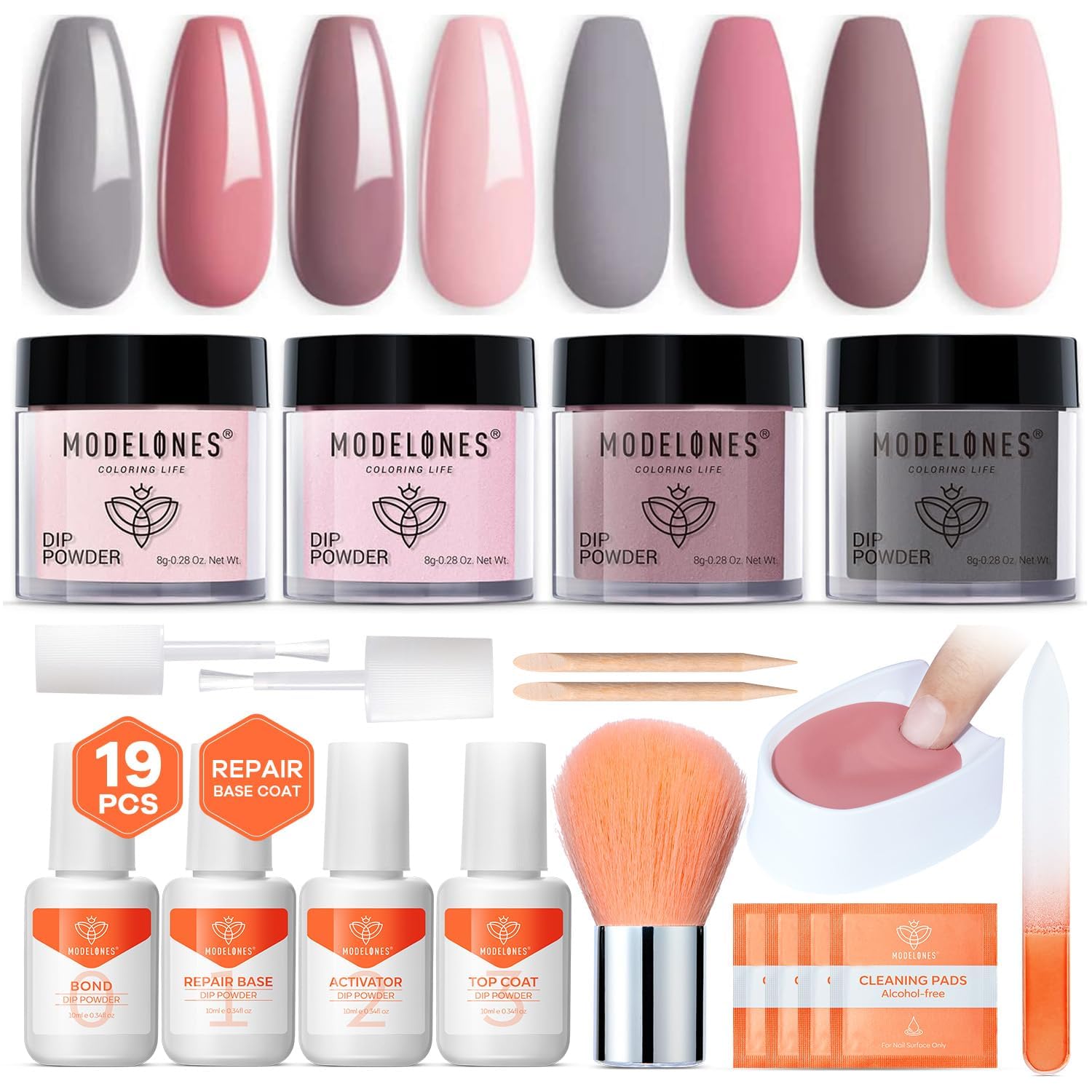 Modelones 32 Pcs Dip Powder Nail Kit Starter, 20 Colors All Season Nude Pink Skin Glitter Acrylic Dipping Powder Essential Liquid Set with Base/Top Coat Activator French Nail Art DIY Mother's Day Gift