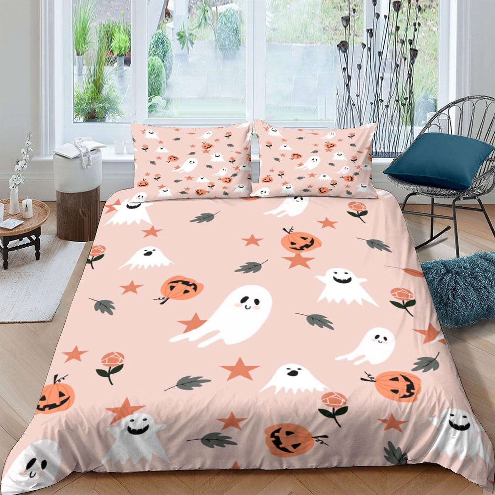 Ctjqhvkz Style-8 3D Printed Halloween Ghost Fitted Sheet Microfiber Soft Orange Pumpkin Mattress Cover For Bedroom Guest Room Decor Single（135X200cm）
