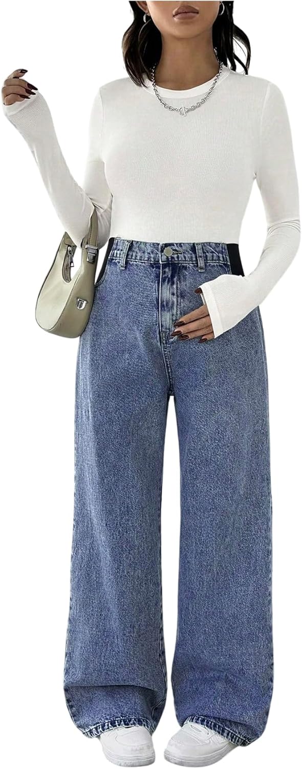 MakeMeChic Women’s Maternity Jeans Loose Wide Leg Over The Belly Straight Pregnancy Jeans Denim Pants