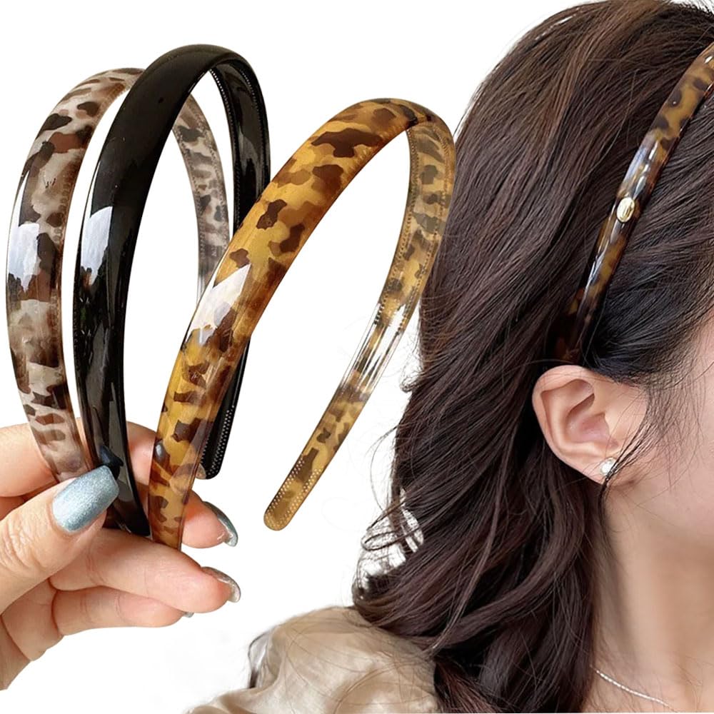 FQYN 3Pcs Retro Leopard Print Headbands Set, Fashion Acetate Hair Bands Black Head Bands Non-Slip Tortoise Headband with Teeth, Tortoise Shell