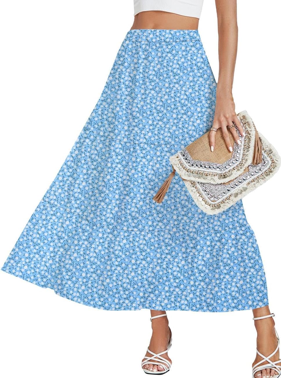 LYANER Women's Elastic High Waisted Ruched Tiered Ruffle Hem Long Skirt with Pockets