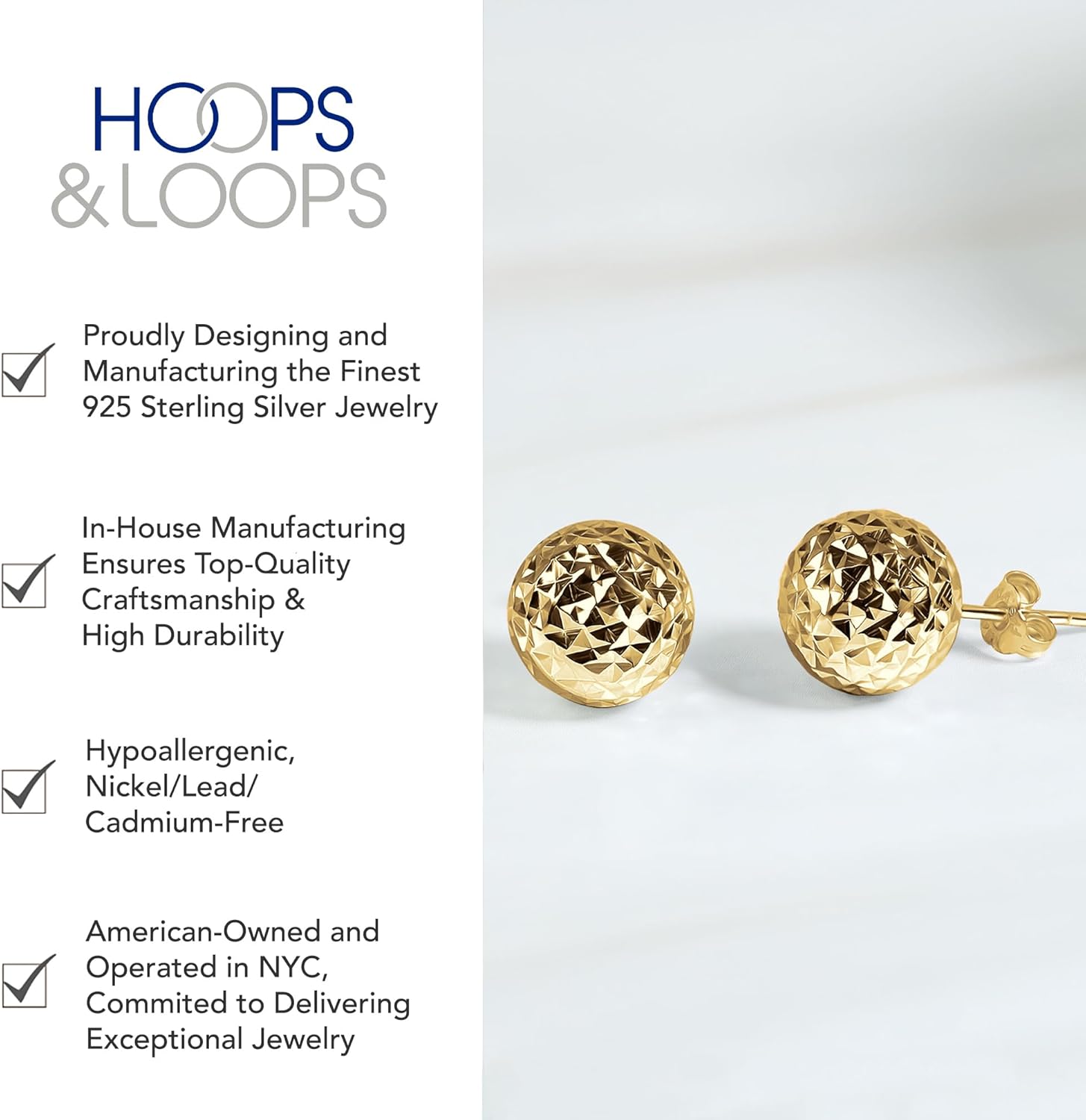 Hoops & Loops 925 Sterling Silver Diamond-Cut Ball Bead Stud Earrings for Women Men Teen Girls, 8mm or 10mm | Silver, Rose Gold & Yellow Gold
