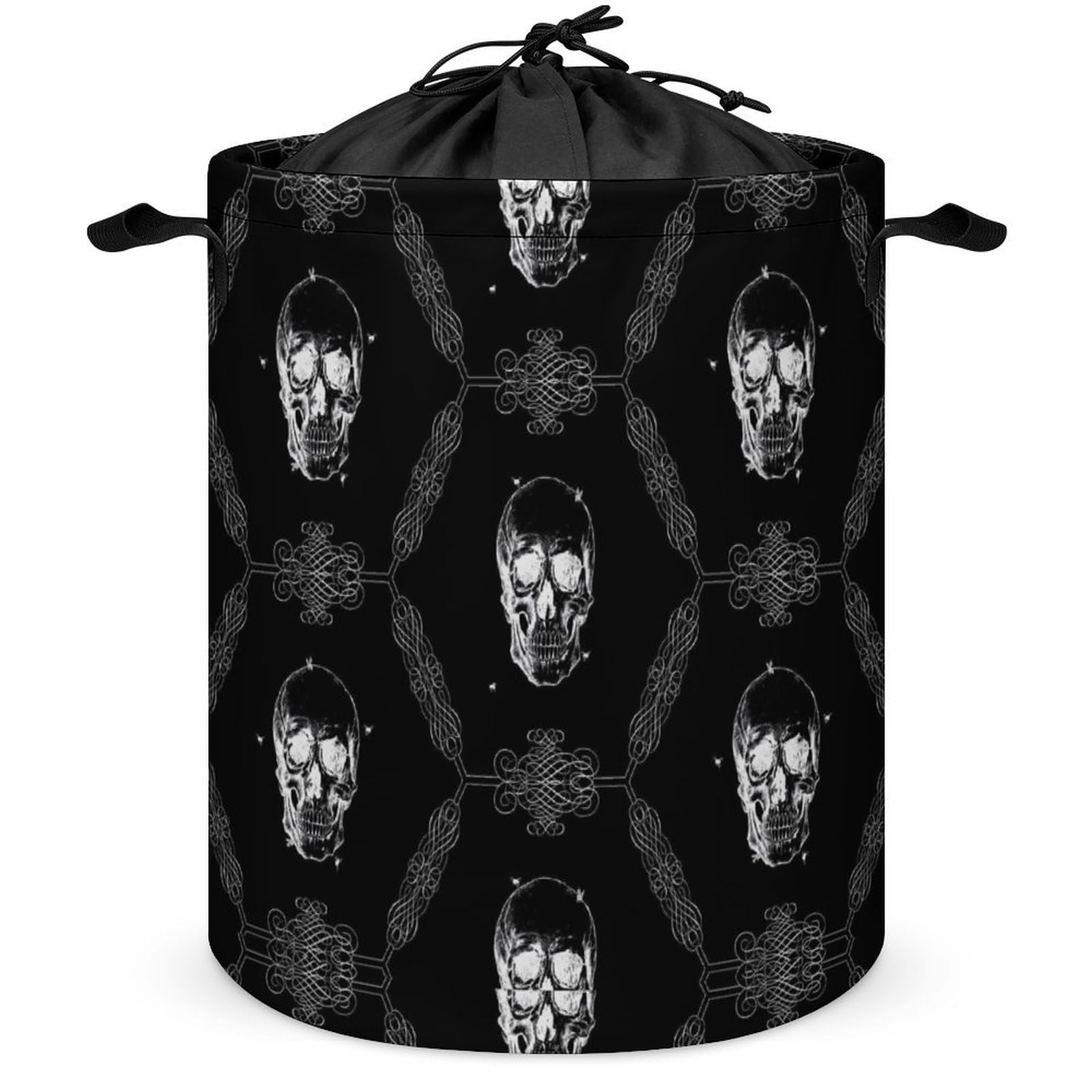 Wlntrophic Drawstring Laundry Hamper, Black Scary Skull Laundry Basket, Washing Basket with Handle