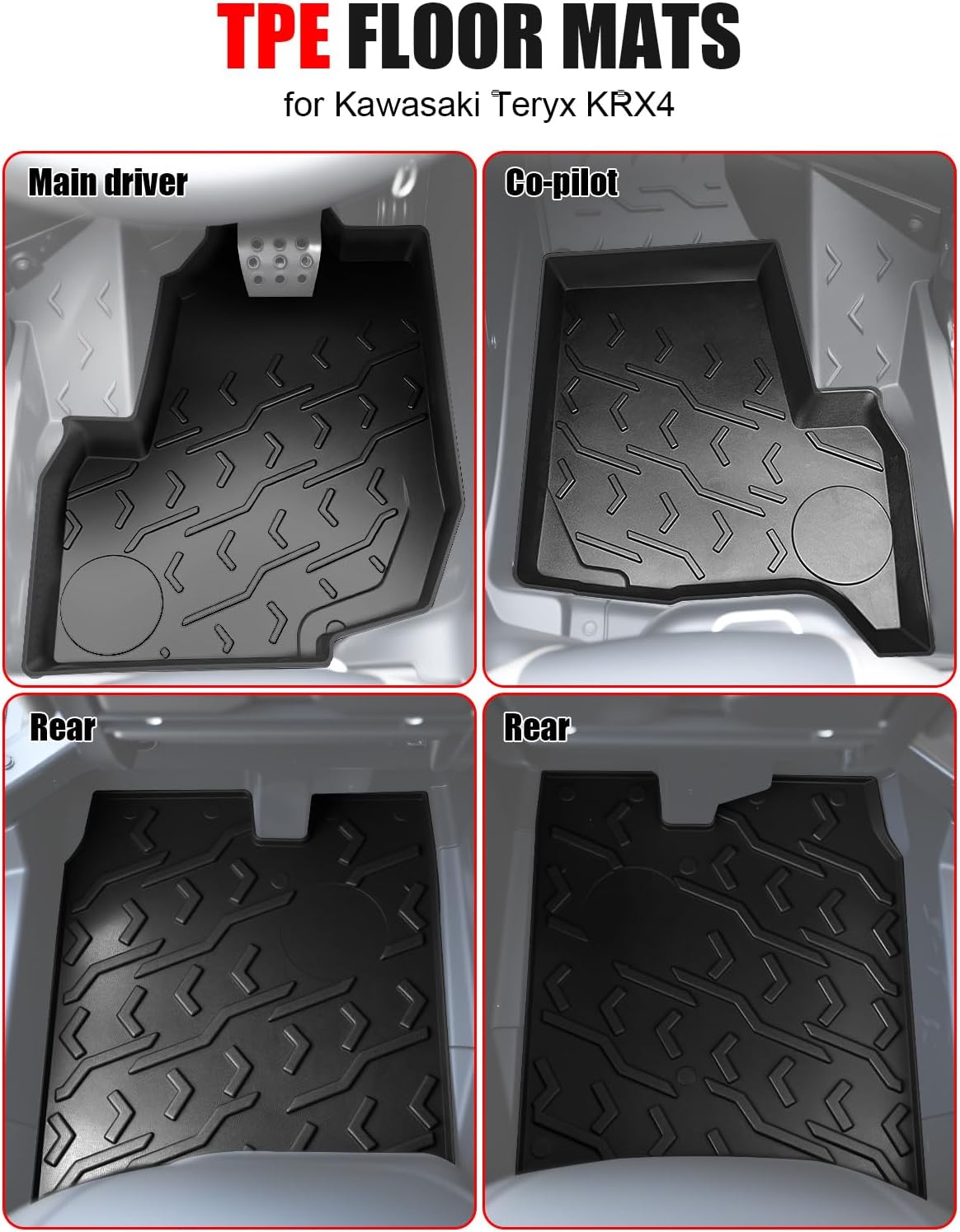 Floor Mats for Kawasaki Teryx KRX4 1000, Front & Rear TPE Non-Slip Floor Liner, All-Weather Protection Waterproof Slush Mats for Teryx KRX4 1000 2023-2025 Accessories, Easy to Clean (4PCS)