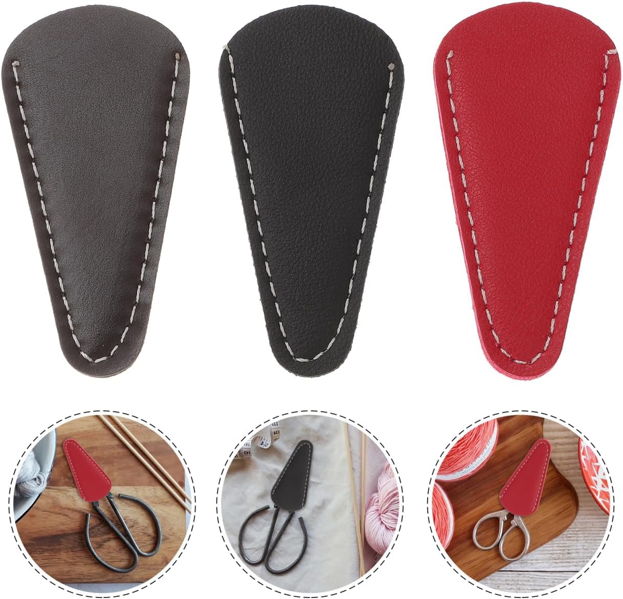 FRCOLOR 3pcs Leather Scissor Covers Durable Scissor Protection Bag for Safe Storage Includes Black Khaki and Burgundy Eyebrow Trimming and Diy Crafts