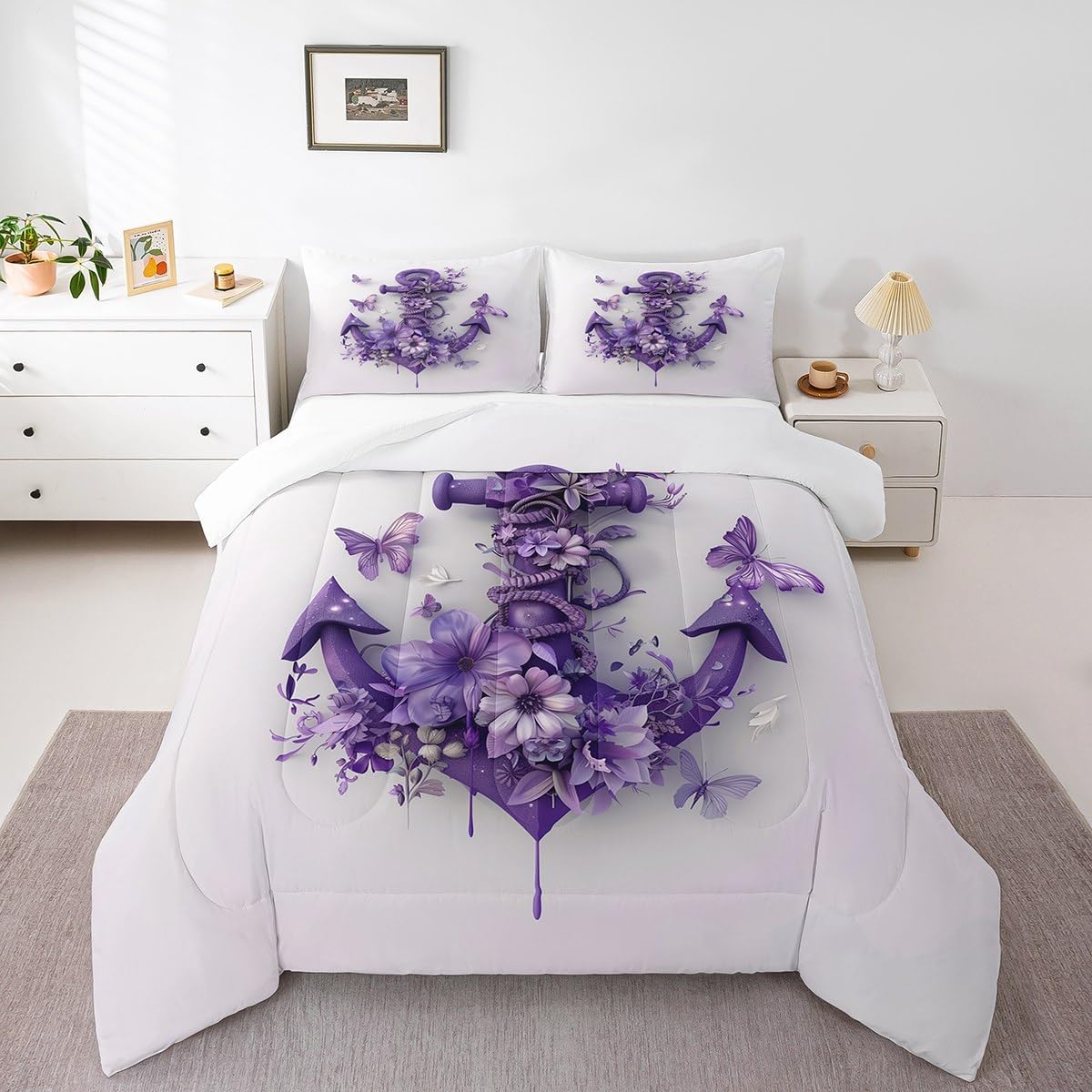Erosebridal Purple Anchor Girls Toddler Bedding Set Ocean Nautical Comforter Set Watercolor Butterfly Flowers Bedding Comforter Sets for Kids Teen Adults,Retro Anchor Rustic Style Quilt Duvet 2 Pcs