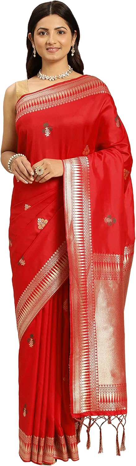 TRENDMALLS Women’s Jacquard Silk Zari Woven Border & Buta Work Traditional Ethnic Wear Saree With Unstitched Blouse Piece (S75-Red)