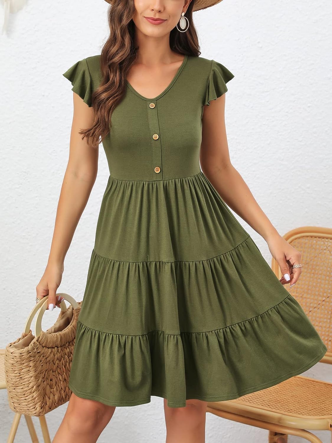 Lamilus Women's Casual Summer Dresses 2025 Ruffle Sleeves V-Neck Button Down Mini Dress Tiered Babydoll Swing Sundresses - Image 5