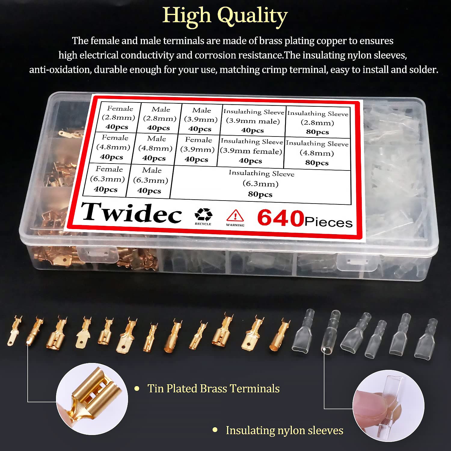 Twidec/640Pcs 2.8/4.8/6.3mm Quick Splice Male and Female Wire Spade Connector Crimp Terminal & Bullet Connectors Terminals Crimp Block Kit Golden with Insulating Sleeve Wiring Car Speaker N-001