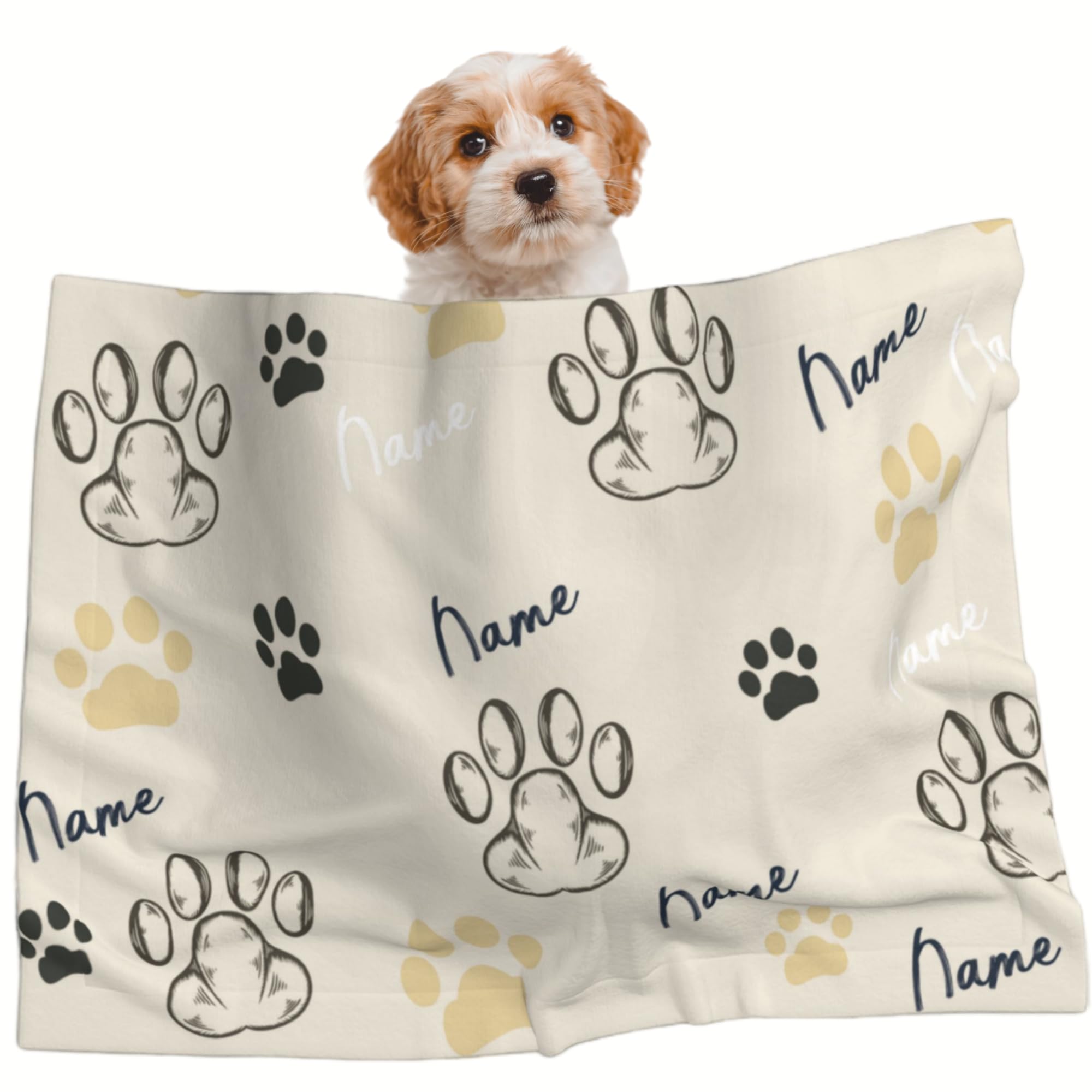 Custom Pet Blanket, Personalized Dog & Cat Blanket with Pet Name, Paws Pattern, Ultra Soothing Raised Dots Fabric, Double Layer Throws - Beige