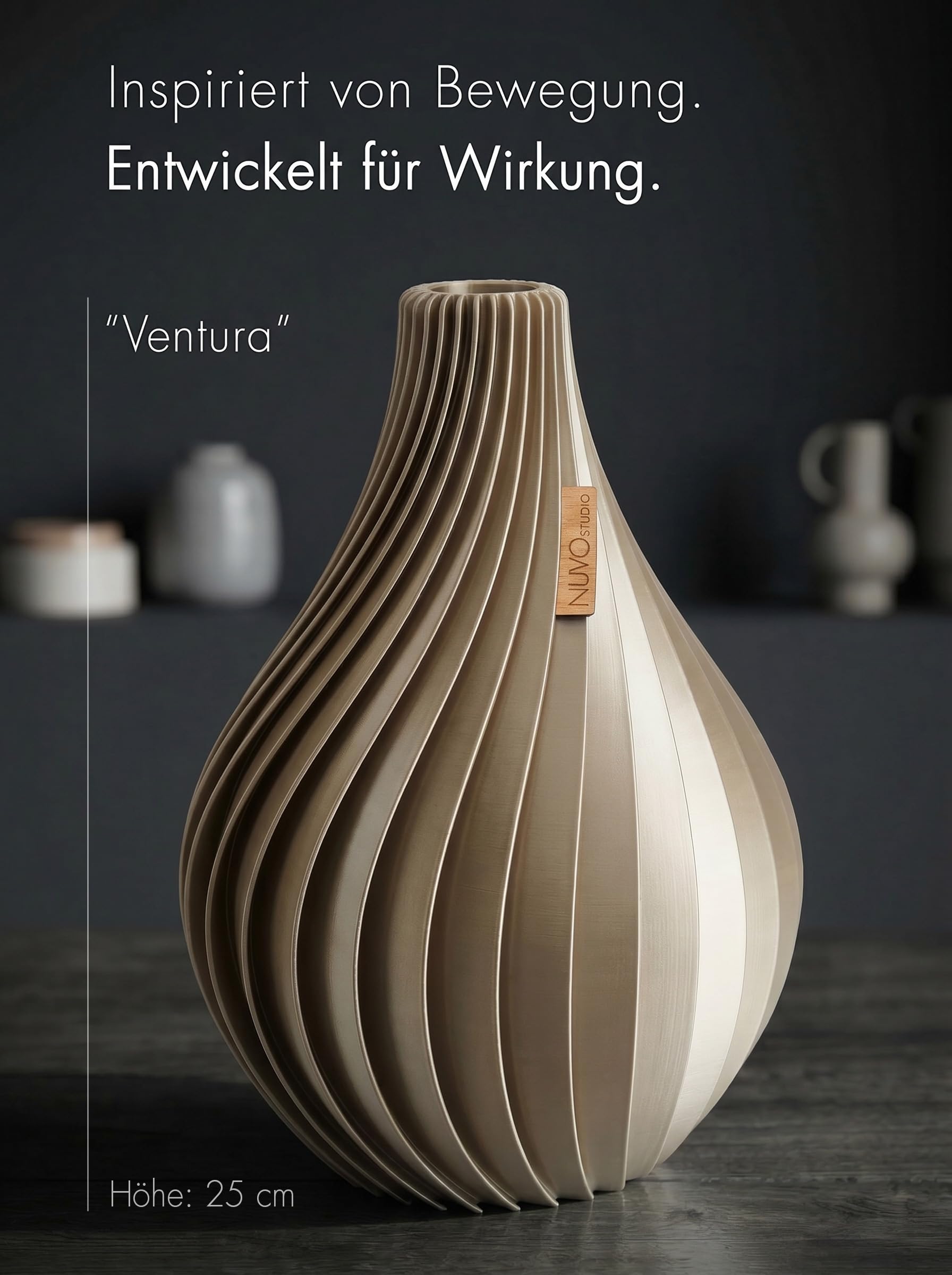 Vase „Ventura“ 25cm – Set mit Strauß – Moderne Vase für Trockenblumen & frische Blumen – wasserdicht – nachhaltig & 3D-gedruckt in Deutschland (Champagne, L, Set mit Strauß)