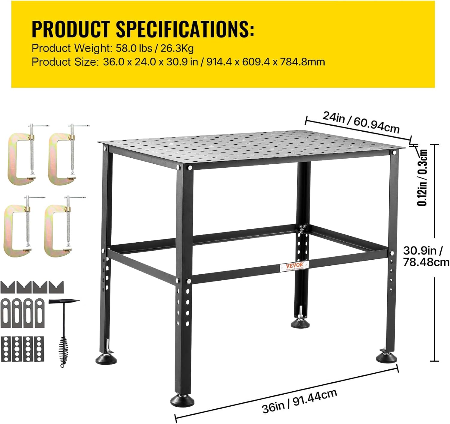 VEVOR Welding Table 36" x 24", 800LBS Capacity Welding Workbench Table, Heavy-Duty Work Bench with 0.63" Fixture Holes and Non-Slip Foot Pads for Welding Assembly Repair Works