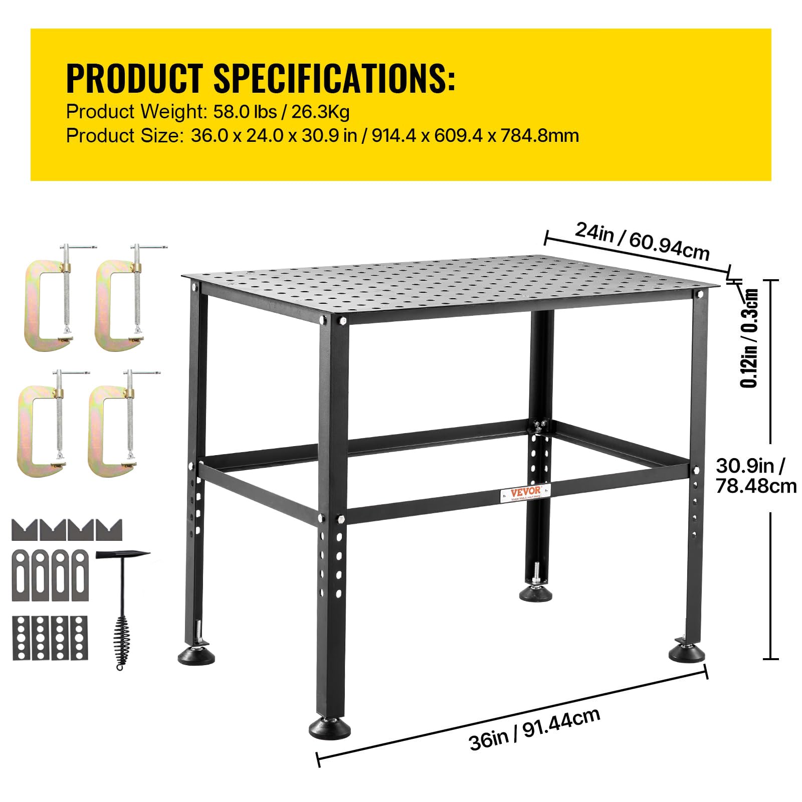 VEVOR Table de Soudure 914,4x609,4 mm Établi de Soudage Robuste Capacité de Charge 363 kg Acier au Carbone, avec Trous de Fixation, Patins Antidérapants, pour Travaux Réparation Assemblage Soudage
