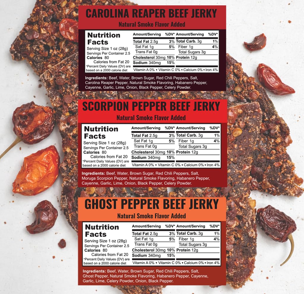 Slate Belt Smokehouse Scorpion Pepper, Ghost Pepper, and Carolina Reaper Jerky, Extremely Hot Beef Jerky Variety Pack 2.5 Ounce