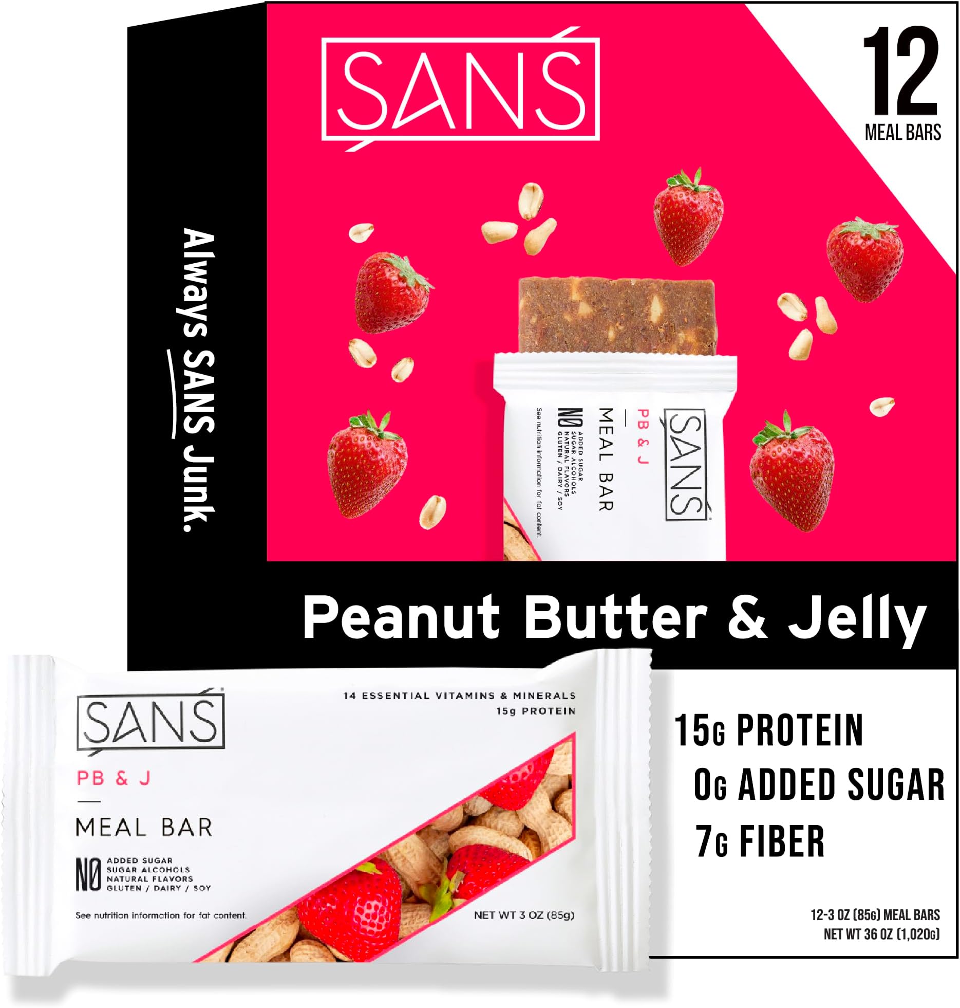 PB and J Meal Replacement Protein Bar | All-Natural Nutrition Bar With No Added Sugar | Dairy-Free, Soy-Free, and Gluten-Free | 14 Essential Vitamins and Minerals | (12 Pack)