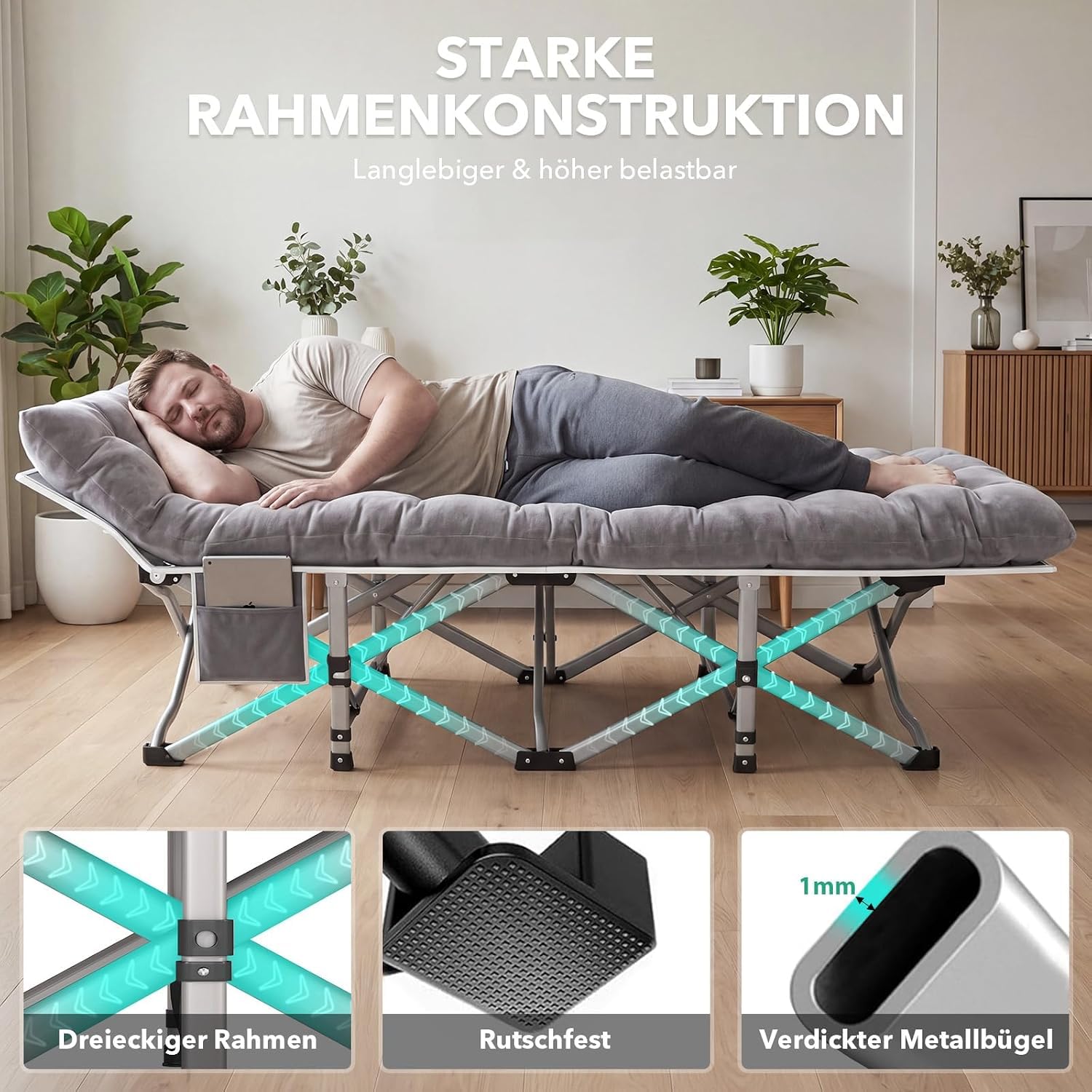 XXL Campingbett Feldbett 190 x 80 x 37 cm Feldbett Klappbar mit Matratze, Klappbett mit Seitentasche, Camping Bett 2 Personen Campingliege, Faltbar Gästebett bis 308 kg für Outdoor Indoor Reisen