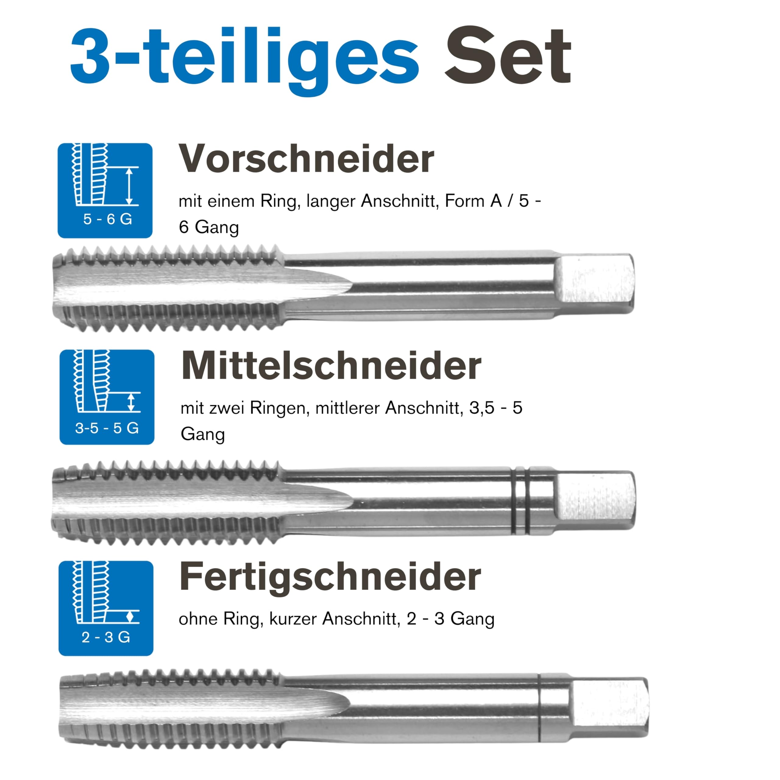 GSR PROFI Gewindebohrer Satz Zoll UNC 3/8" x 16 HSSG Stativgewinde, Geschliffen, HSSG Metallbohrer Satz, Vorschneide, Mittelschneider & Fertigschneider, Durchgangs- & Sackloch