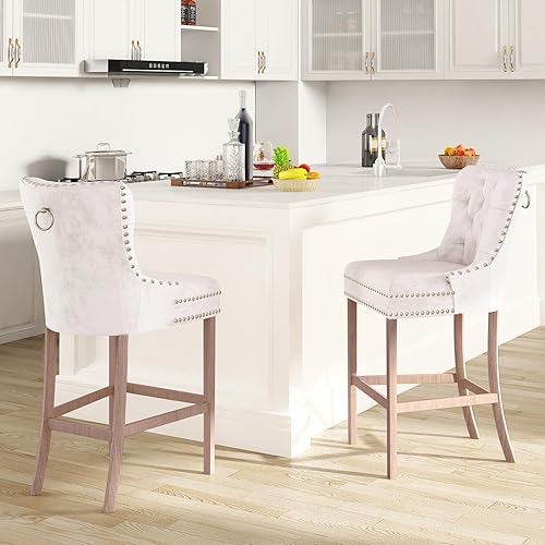 Miniatura 7 de Recaceik Juego de 2 taburetes de bar de terciopelo con altura de mostrador, taburetes de bar tapizados con respaldo, taburete de cocina de 27