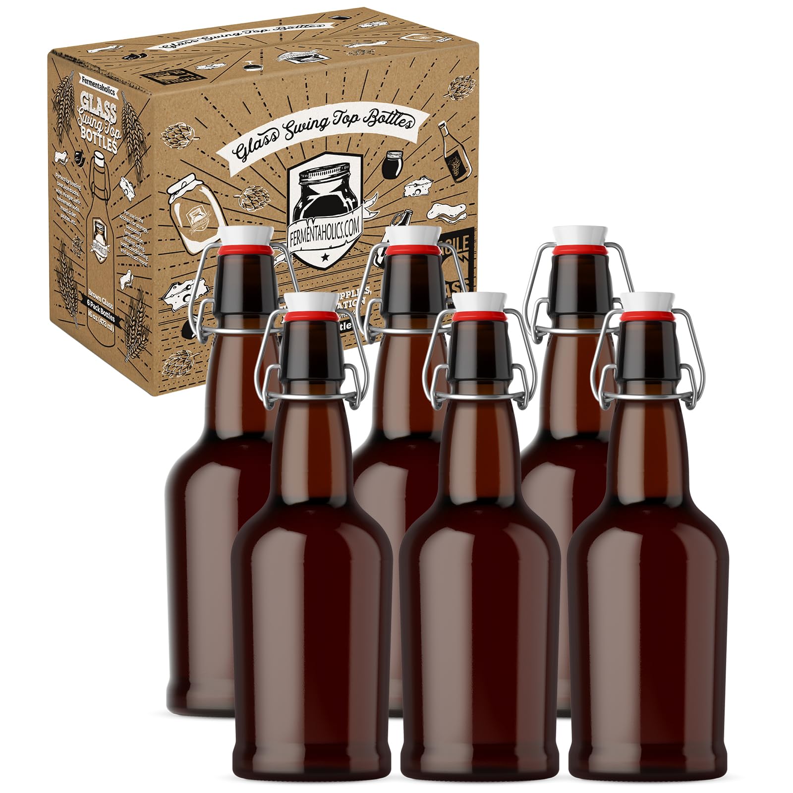 Fermentaholics 6 Pack Glass Swing Top Bottles | Flip Top Lids | Airtight, High-Pressure Tops For Bottling & Secondary Fermentation of Kombucha, Kefir,
