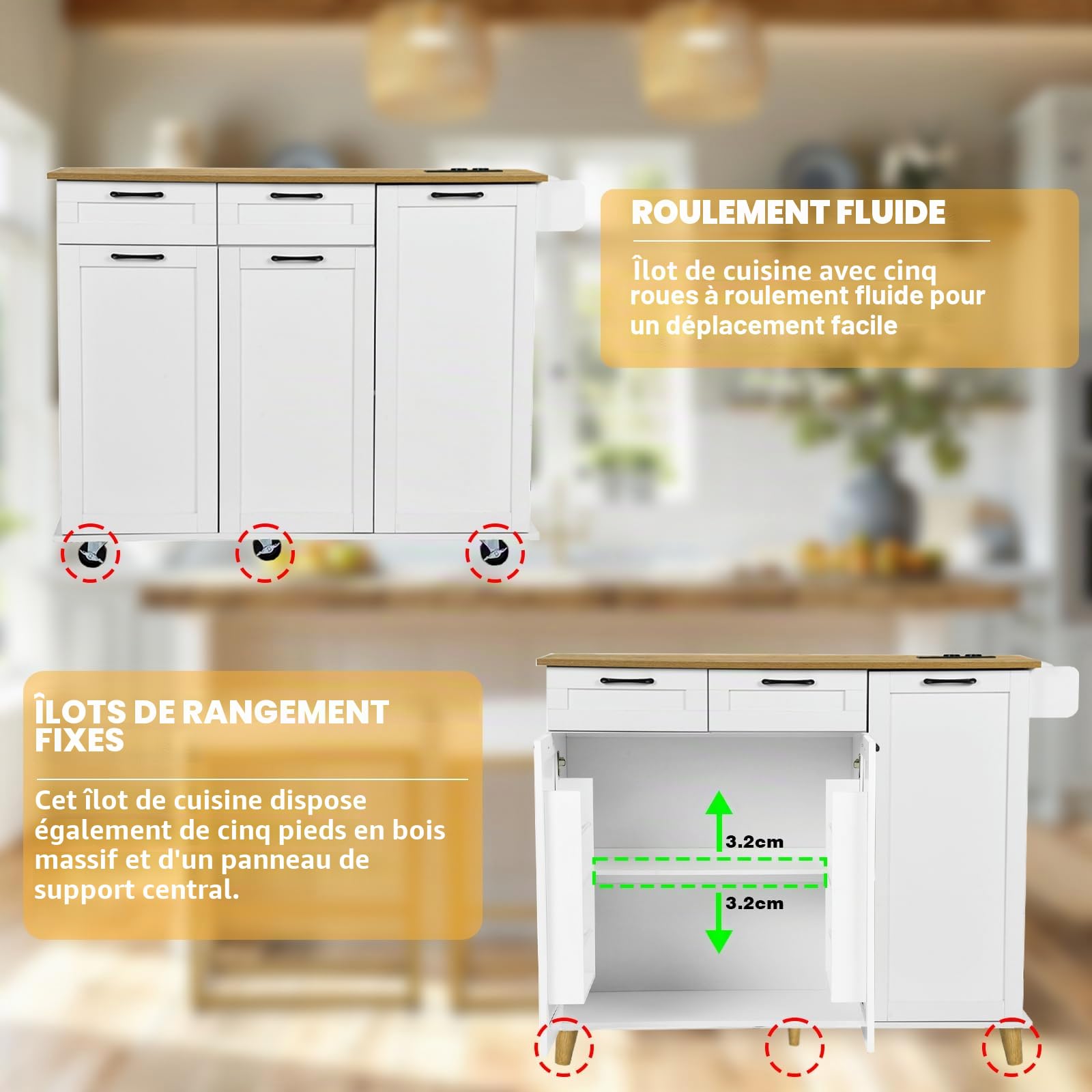 Îlot Central, Desserte Îlot de Cuisine sur roulettes, avec 2 Prises et 2 Ports USB, 119,5 x 44–74 x 94 cm, pour Cuisine et Salle à Manger, Blanc