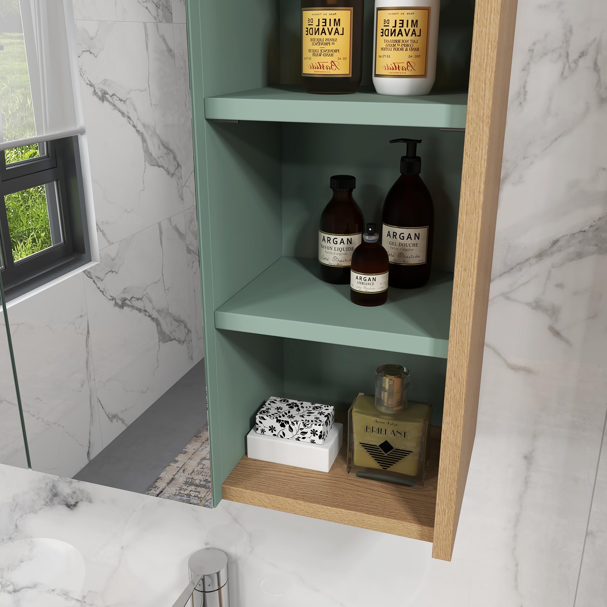 kleankin Ensemble de Meubles de Salle de Bain Armoire Miroir Salle de Bain + Meuble sous lavabo Suspendu avec étagères réglables 2 tiroirs Design scandinave Vert