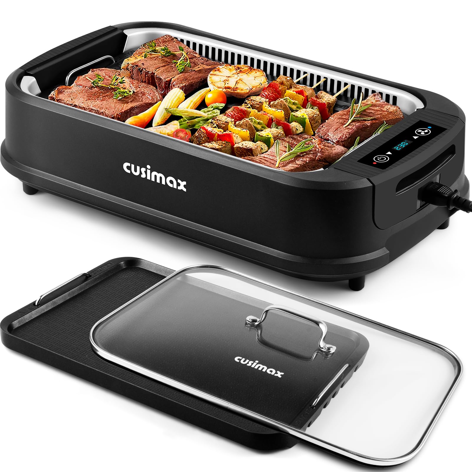 CUSIMAX Elektrogrill Tischgrill 1500W mit Deckel, Antihaftbeschichtung Grillplatte & Griddleplatte, Smokeless Grill mit Einstellbarer Thermostat