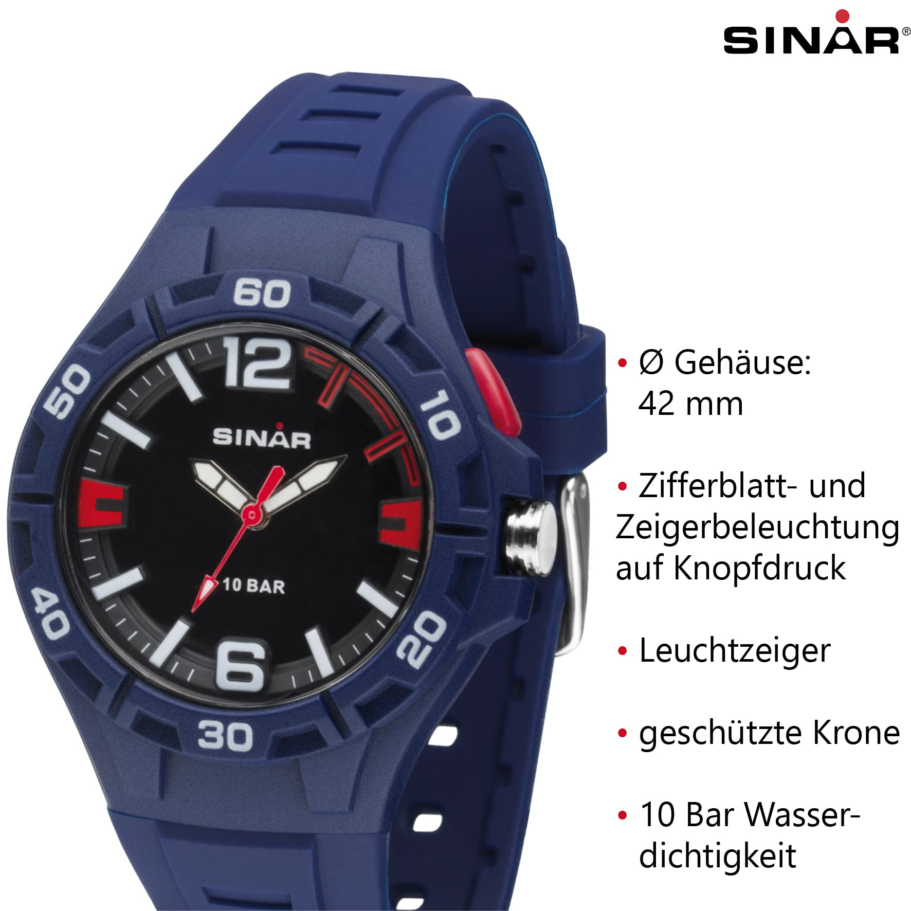 SINAR Jungen-Armbanduhr Jugenduhr Sportuhr Outdoor Fitness Analog Quarz 10 bar mit Licht Dunkelblau Rot XB-37-2