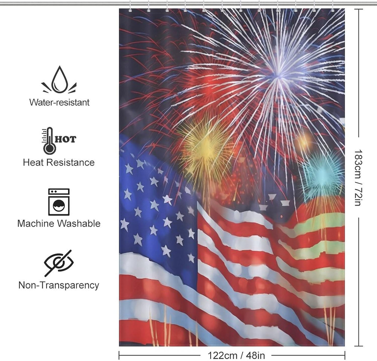 Firework Memorial Day July of 4th Funny Shower Curtains Washable Bath Curtain Liner with Hooks for Bathroom Bath Tubs