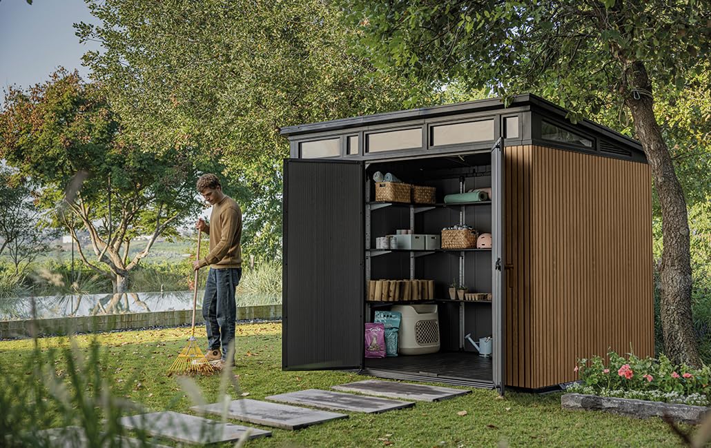 Keter Gartenhaus Pent 9 x 7 Venetianischer Holzeffekt mit Latten, 6 m², 227 x 218 x 226 cm