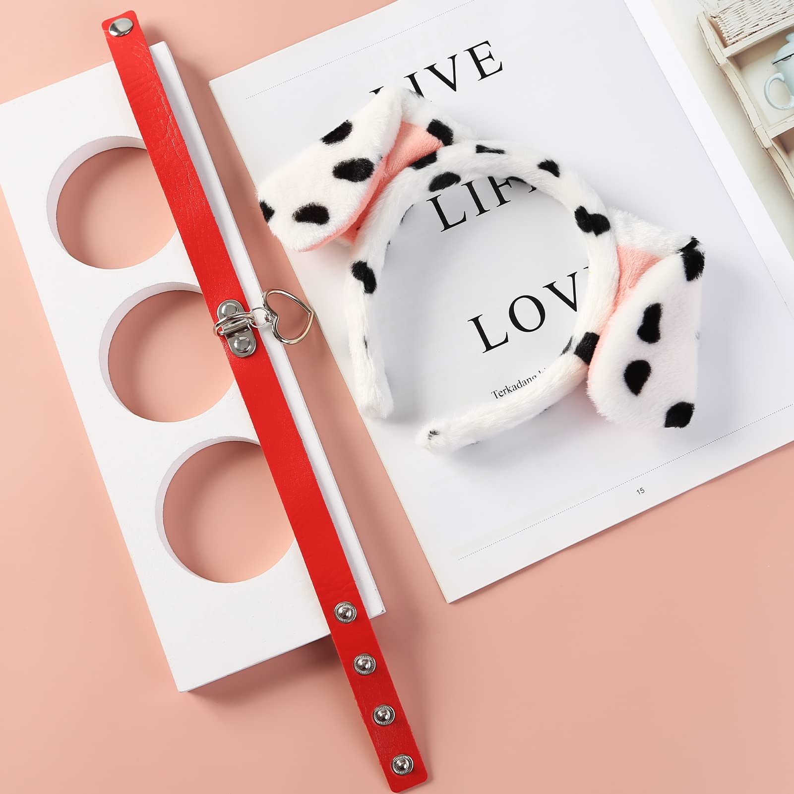 Dalmatian Dog Ears Headband With Red Heart Choker Collar - Halloween Cosplay Costume Accessory Set